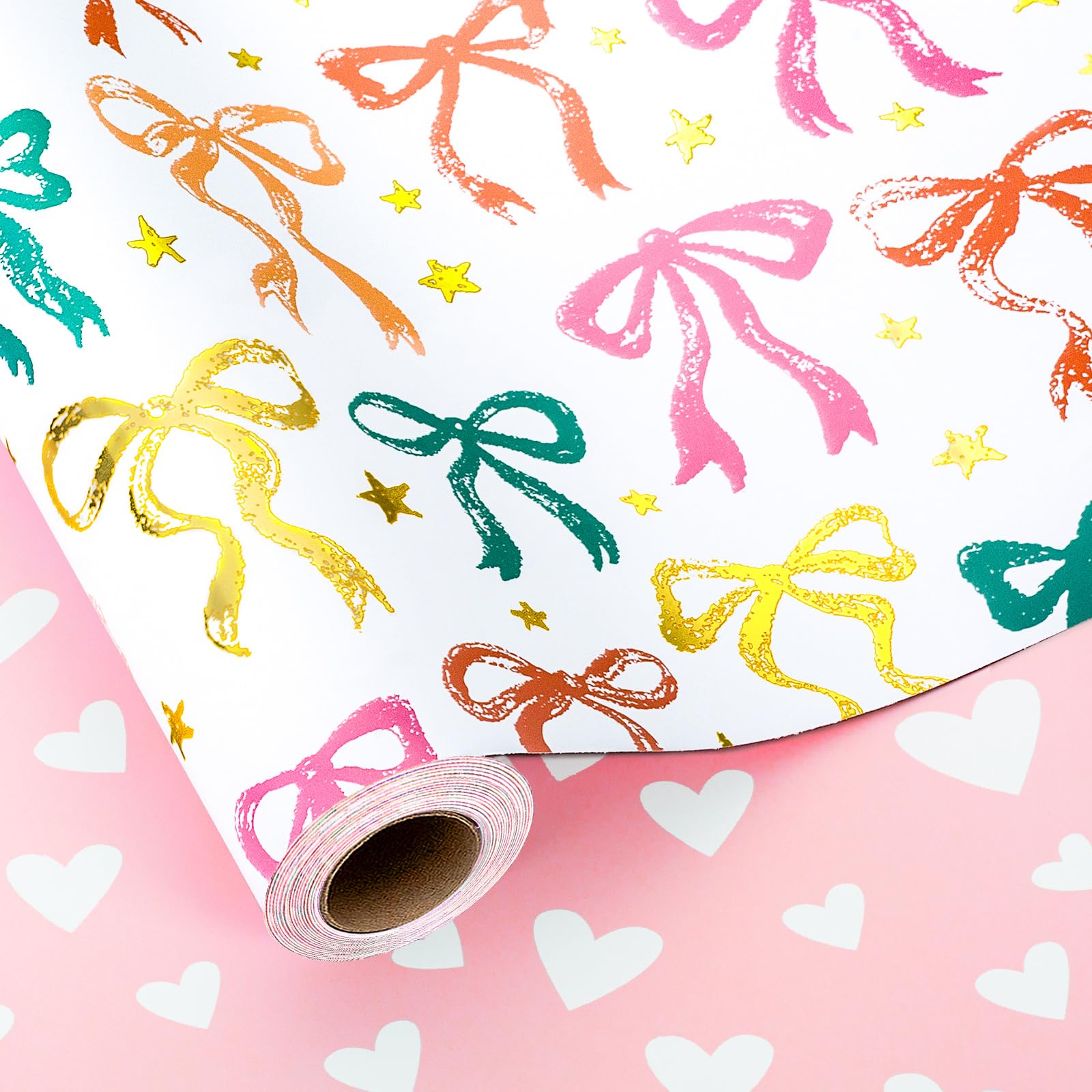 MAYPLUSS Girl Wrapping Paper Roll, Girly Bow Wrapping Paper, Reversible Elegant Bows Pink Gift Wrap for Birthday, Girl Baby Shower, Wedding, Christmas, Valentine's Day, Bachelorette(17 In X 33 Ft)