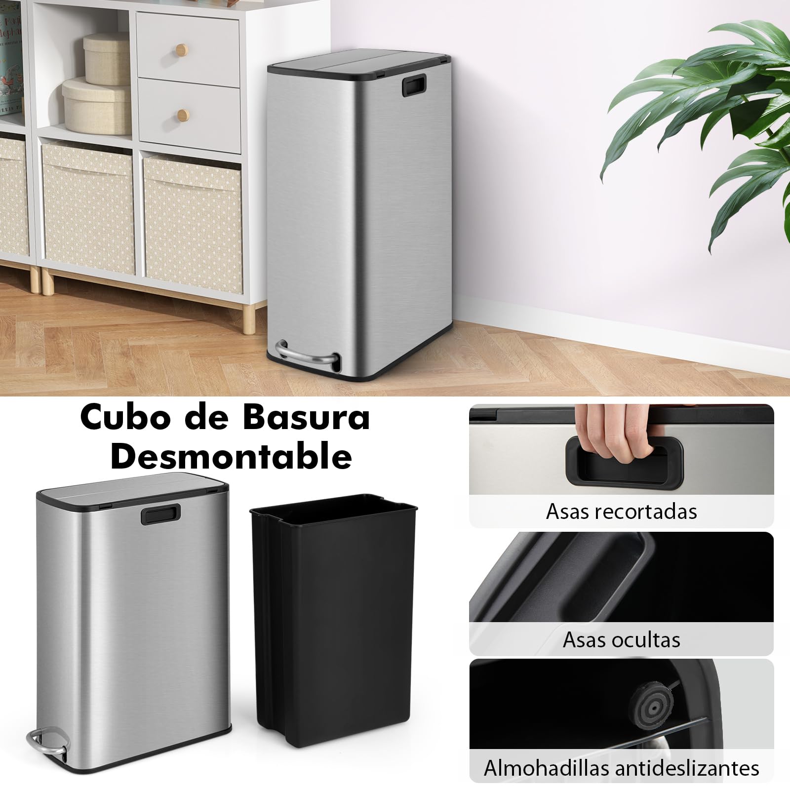 GIANTEX Cubo de Basura de Acero Inoxidable, Bote de Basura de 46 Litros, con 2 Tapas y Pedal, Cubo Interior Extraíble, 26 x 52 x 68 cm, Cubo de Basura para Cocina, Comedor, Inodoro