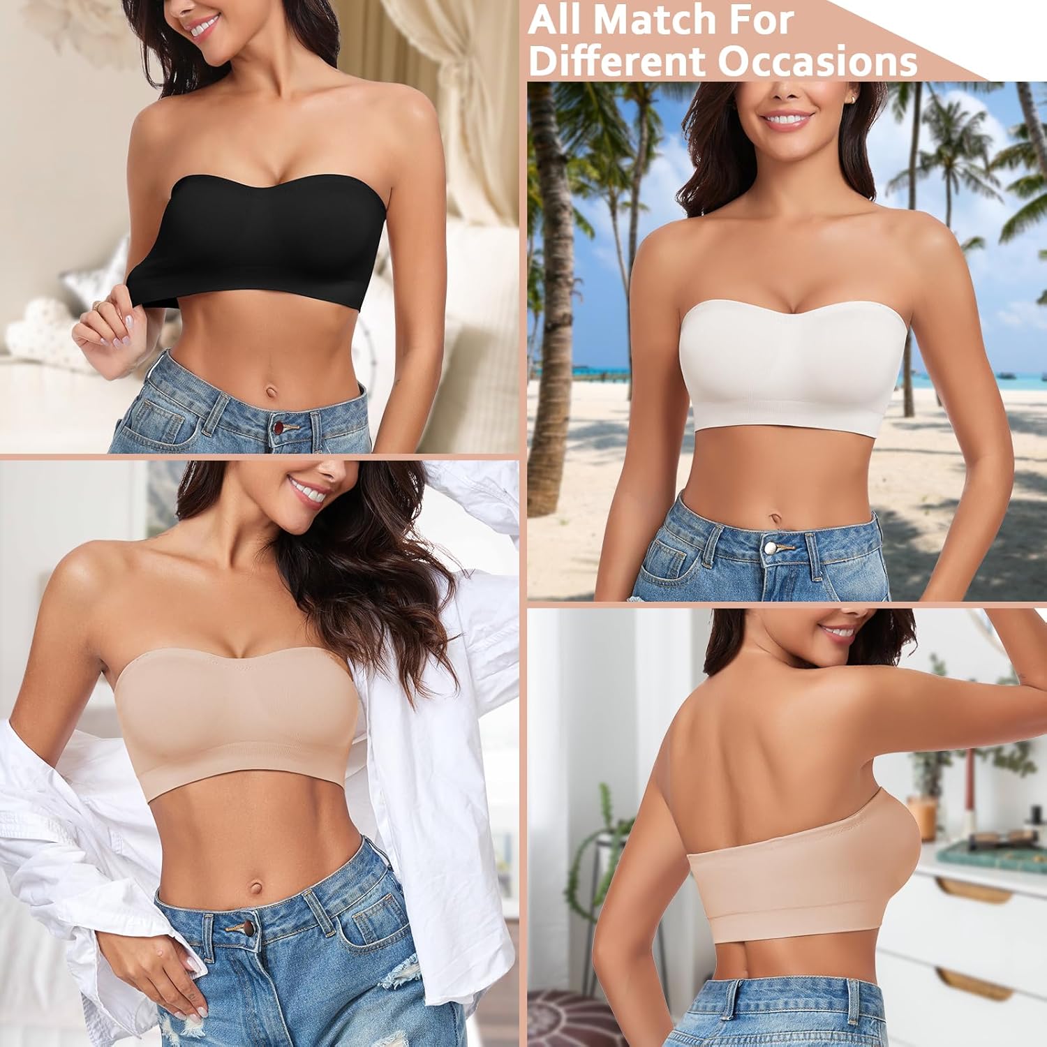 WOWENY Women's Strapless Bras Non-Slip Silicone Seamless Bandeau Bra with Support Wireless Padded Bralette Tube Top Bra - Image 6