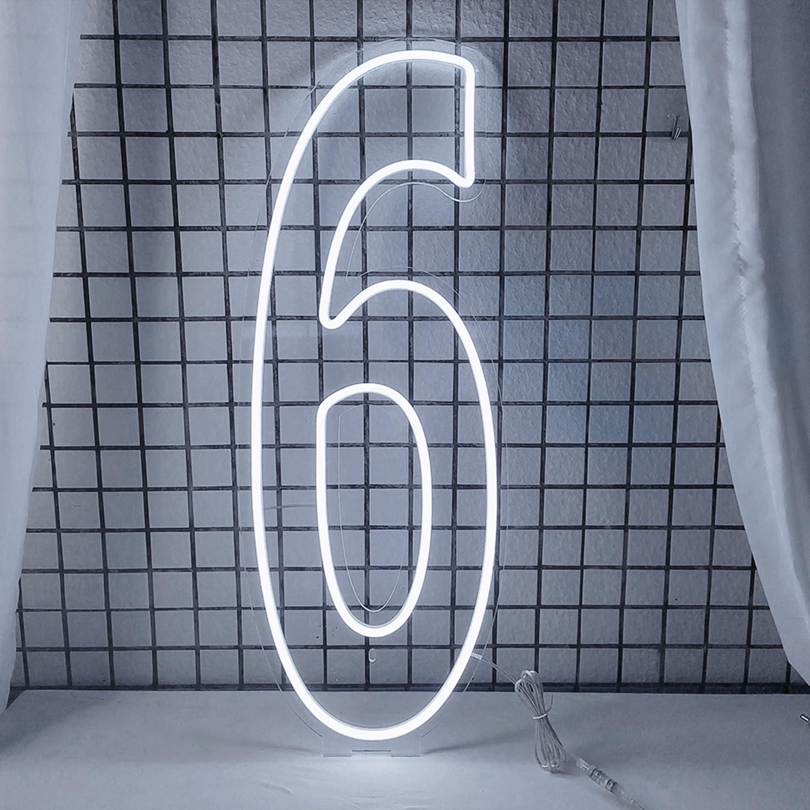 DS&DV Insegna luminosa con numeri al neon a LED, dimmerabile, con base autoportante, per decorazione per feste (bianco freddo, numero 6)