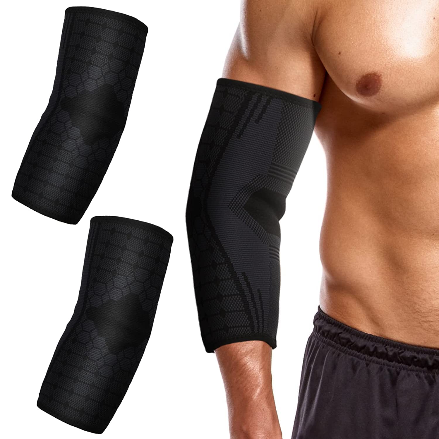 Elbow Compression Sleeve for Men 2 Pack Compression Arm Sleeves Breathable Elastic Elbow Brace Compression Support Sleeves for Women Men Workouts, Sports, Golfers, Weightlifting