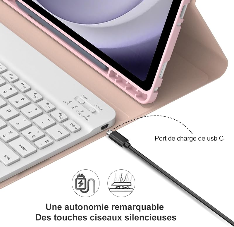 SENGBIRCH Bluetooth Billentyűzetes Tok Samsung Galaxy Tab A9+ 11" (2023) Tablethez - Levehető AZERTY Billentyűzet, Rózsaszín, Háttérvilágítá