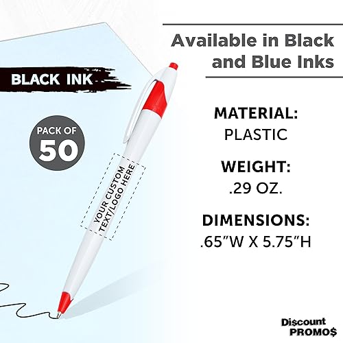 Miniatura 4 de DISCOUNT PROMOS Juego de 50 bolígrafos personalizados con curvas delgadas, paquete a granel personalizado, tinta negra, retráctil, ideal para
