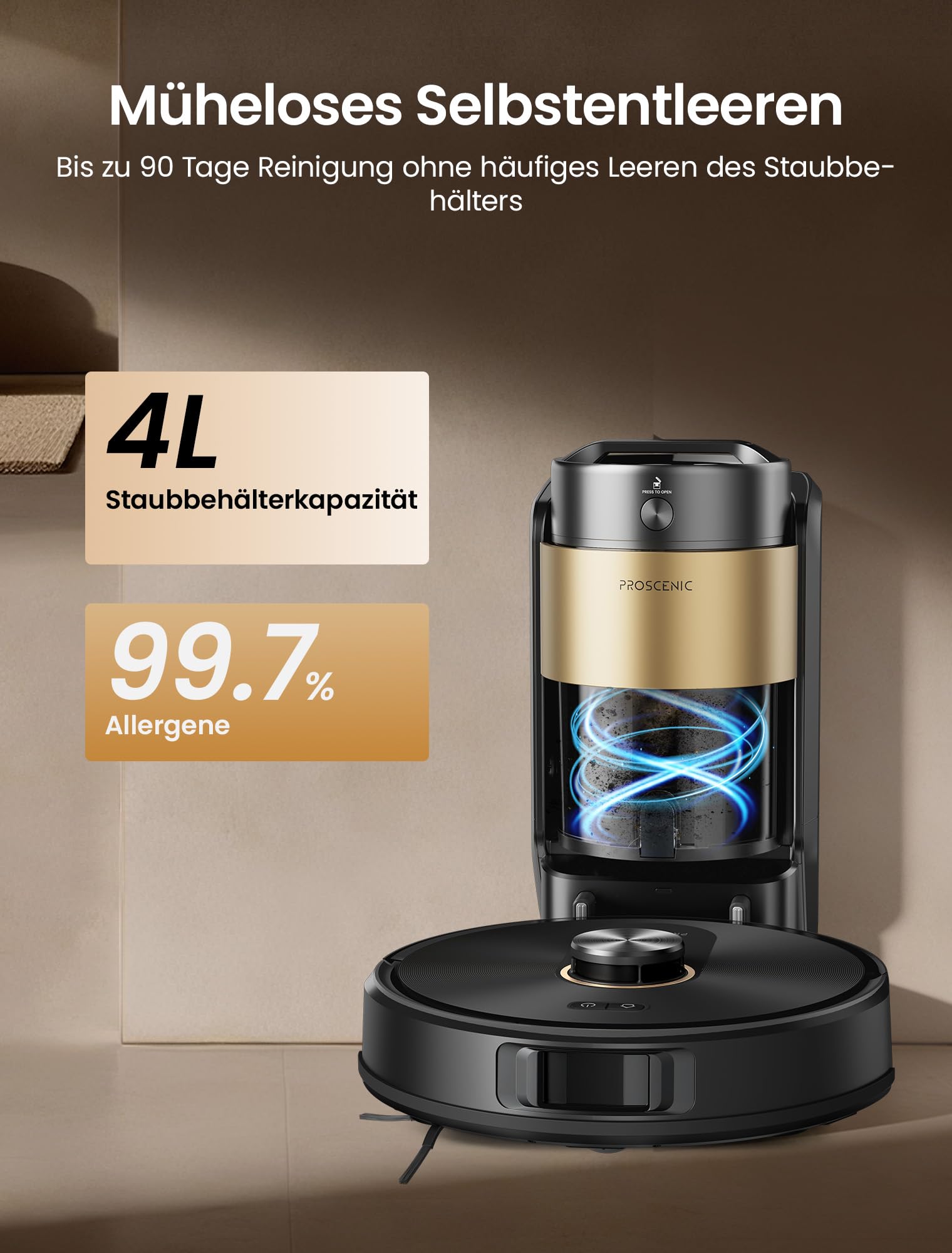 Proscenic Q20Plus Saugroboter mit Wischfunktion, 10000Pa 200min Staubsauger Roboter mit Beutellose Entleerungsstation, 3-in-1 Saug und Wischroboter für Tierhaare, Teppiche, Hartböden, Schwarz