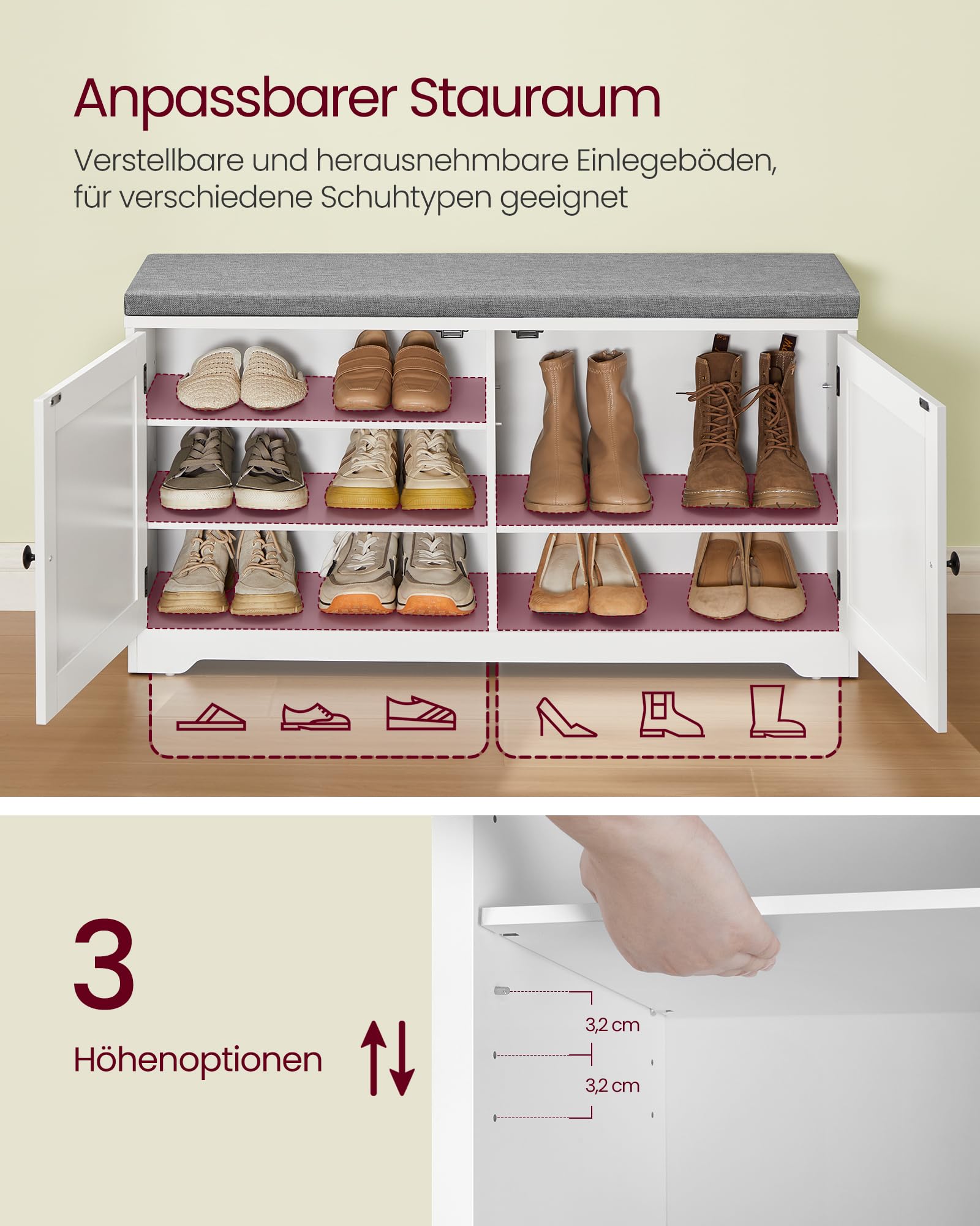 VASAGLE Schuhbank, 3 Ebenen, Sitzbank mit Stauraum, Türen und Sitzkissen, Schuhregal mit höhenverstellbaren Ablagen, 35,5 x 101 x 52,5 cm, für Flur Schlafzimmer, wolkenweiß-Taubengrau LSB044W01