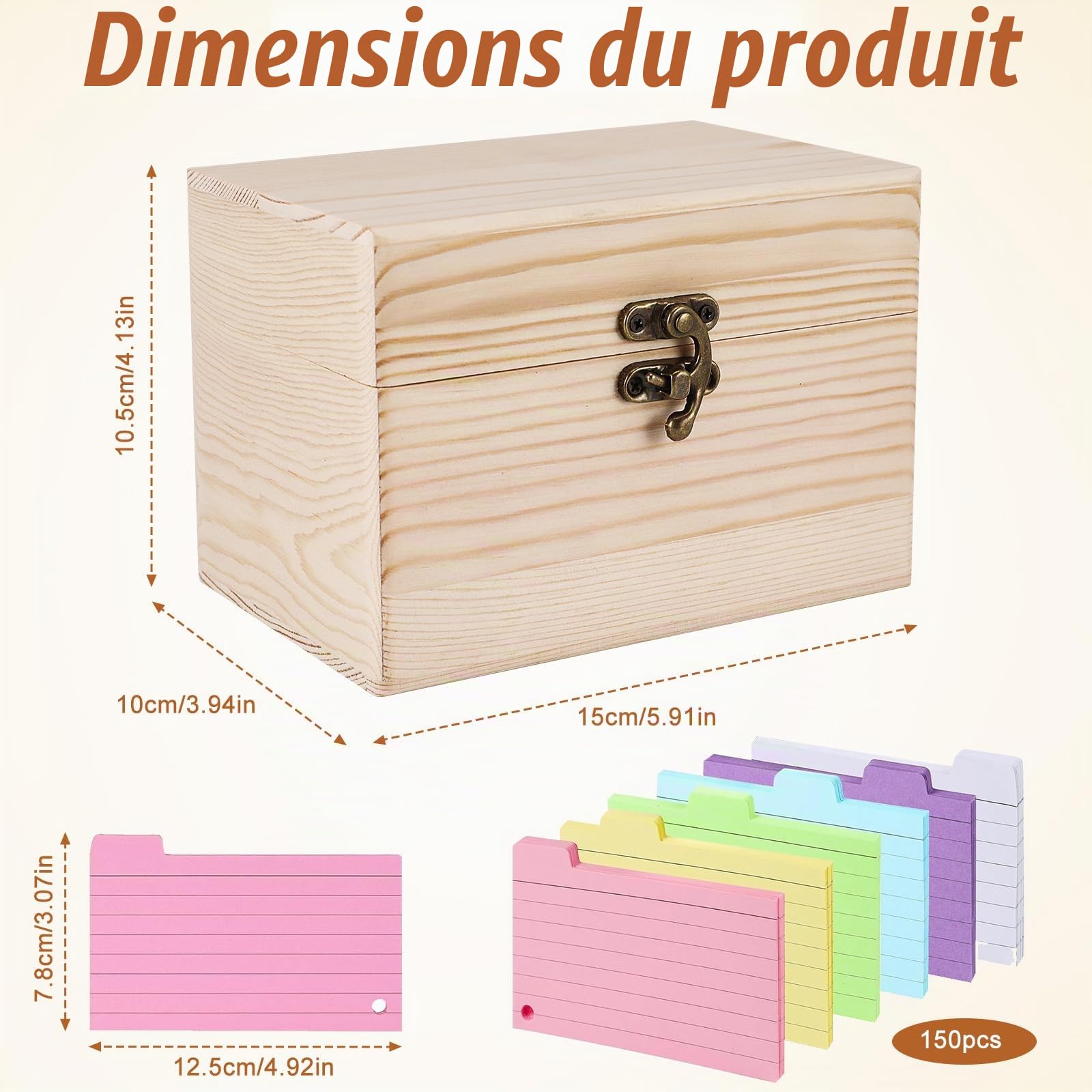 Boîte à Recettes en Bois 10,5x15 cm avec 150 Cartes, Organisateur de Cartes de Notes