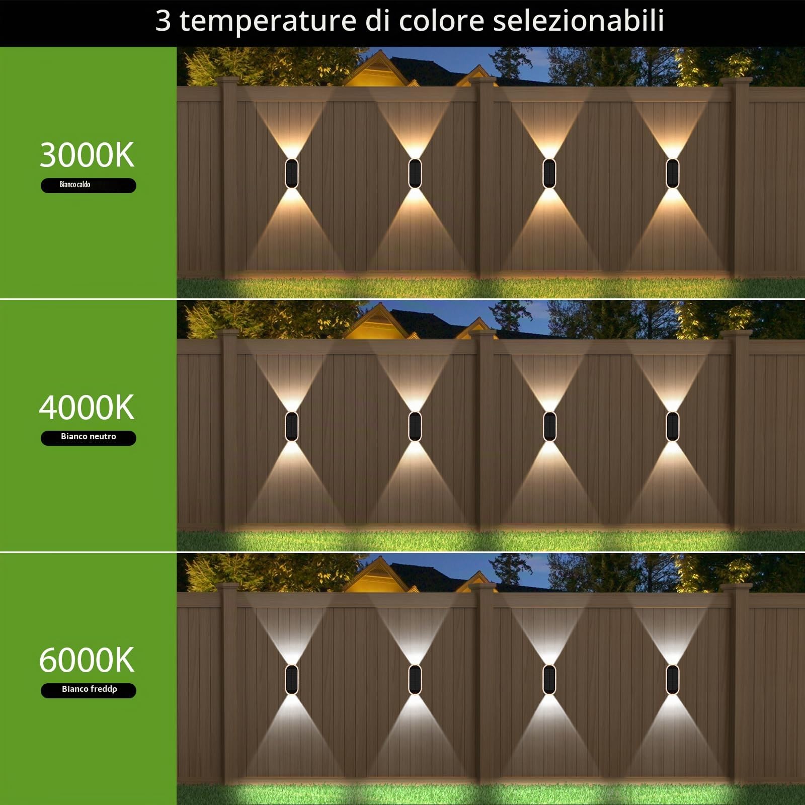 A.bigwhale Lampada solare parete per esterno, lampade solari esterno, 6 pezzi luci da giardino illuminazione, 3000K/4000K/6000K impermeabile luce solare per recinzione muro patio giardino balcone
