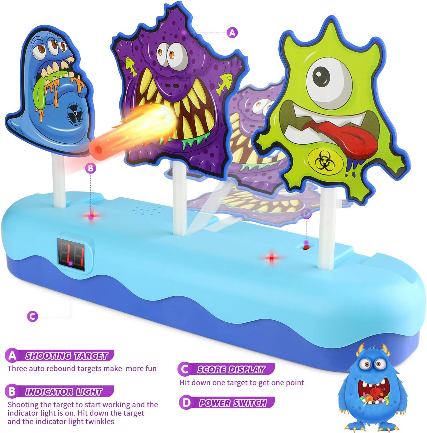 electronic shooting targets toy with 2 guns and foam dart ekoos auto reset electronic scoring toys with 3 digital monster targets ideal gift for kids boys girls aged 3 compatible