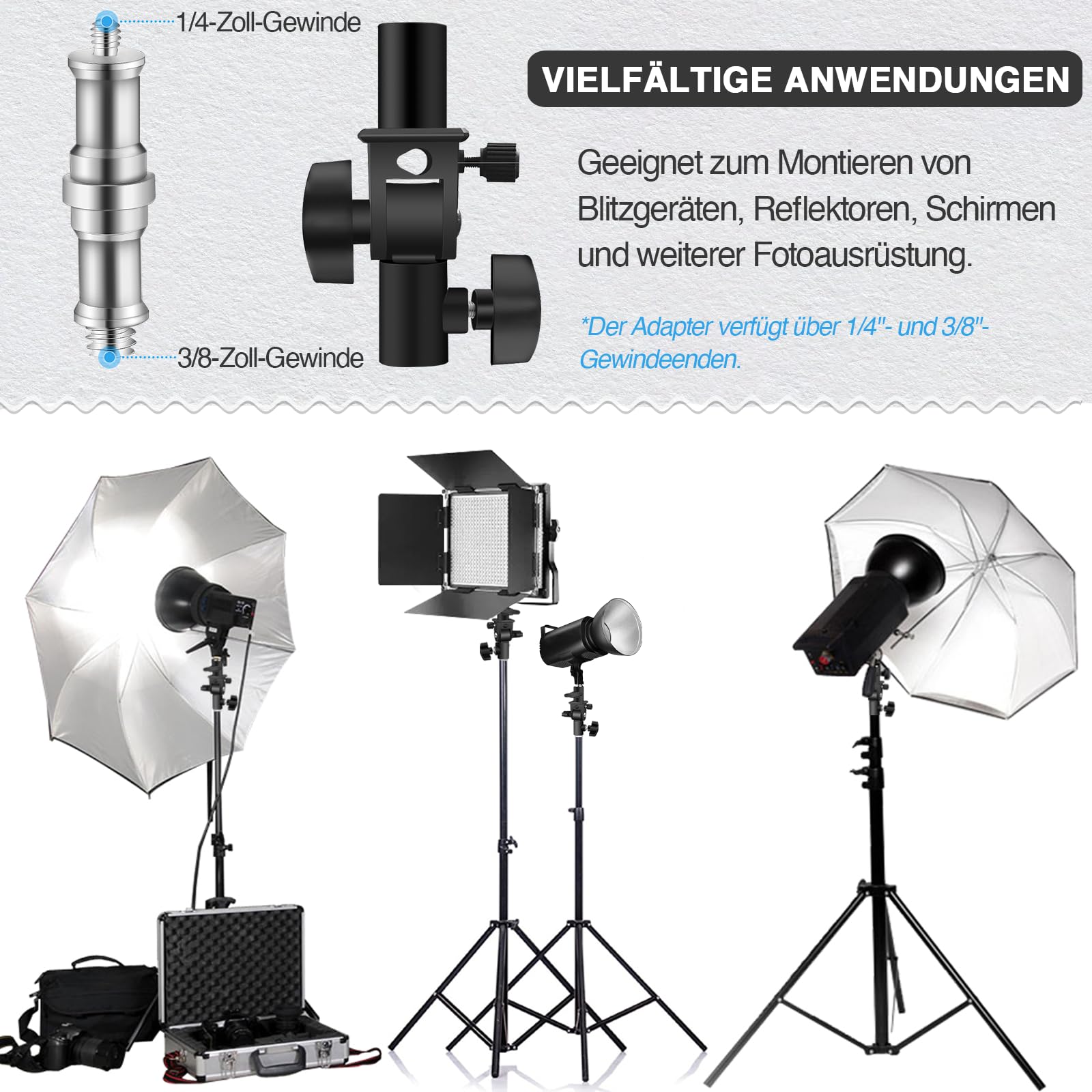 Wellmaking 2er-Set U-förmiger Neigungsadapter für sowohl Schirmständer als auch Lampenstative, mit Standard-1/4"-auf-3/8"-Metall-Schraubanschluss (Außengewinde) und Blitzschuh-/Kaltschuhadapter