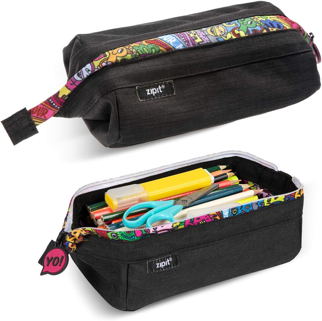 ZIPIT Lenny Pencil Case for Adults and Teens, Large Capacity Pouch, Sturdy Pen Organizer, Wide Opening with Secure Zipper Closure (Black)