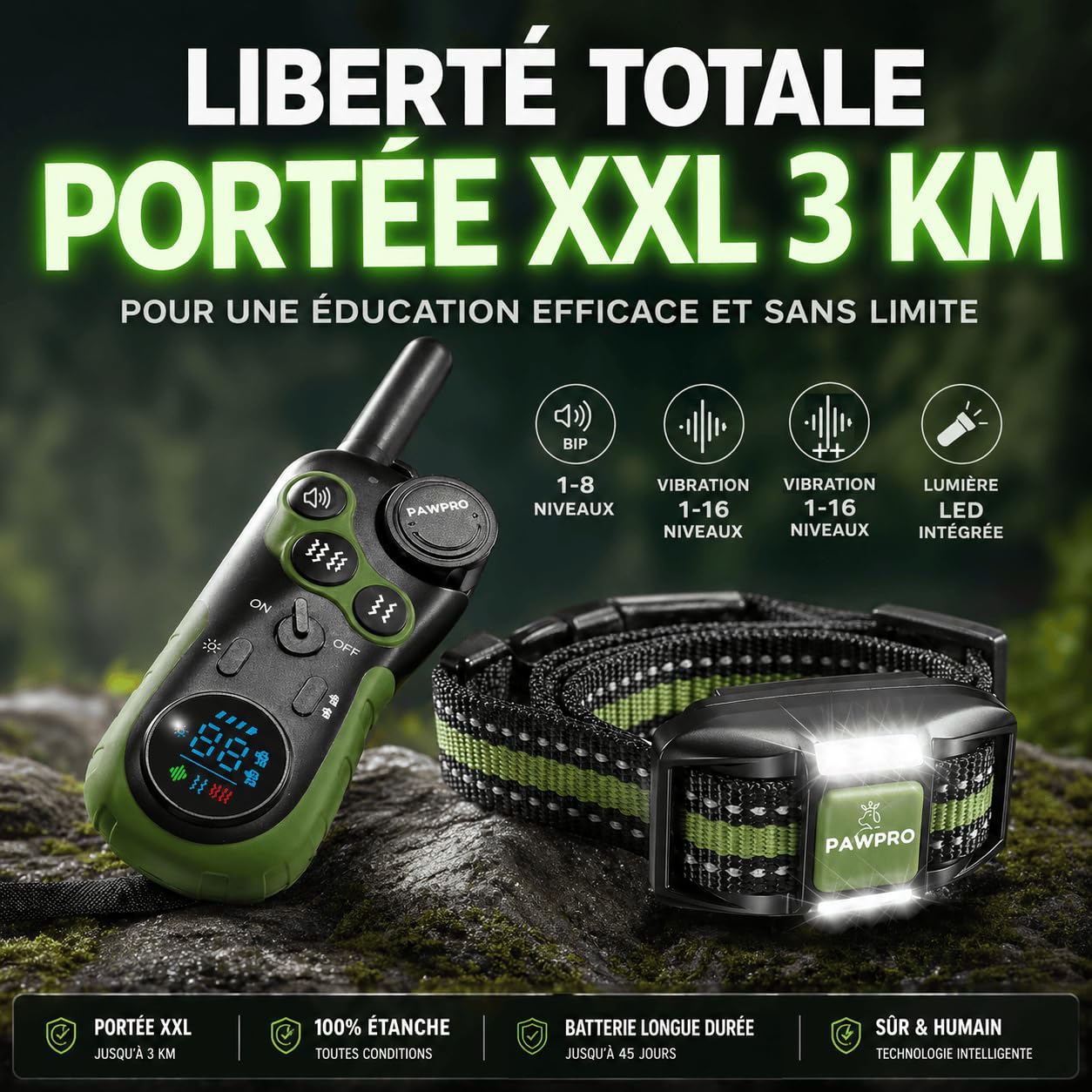 PAWPRO Collier de Dressage, Conforme Nouvelle Loi Bien Être Animal, Portée XXL 3km, Mode Lumière Nocturne, Guide de Dressage Inclus, BIP Vibration Boost, Adapté à Tous Les Chiens (2 Colliers)