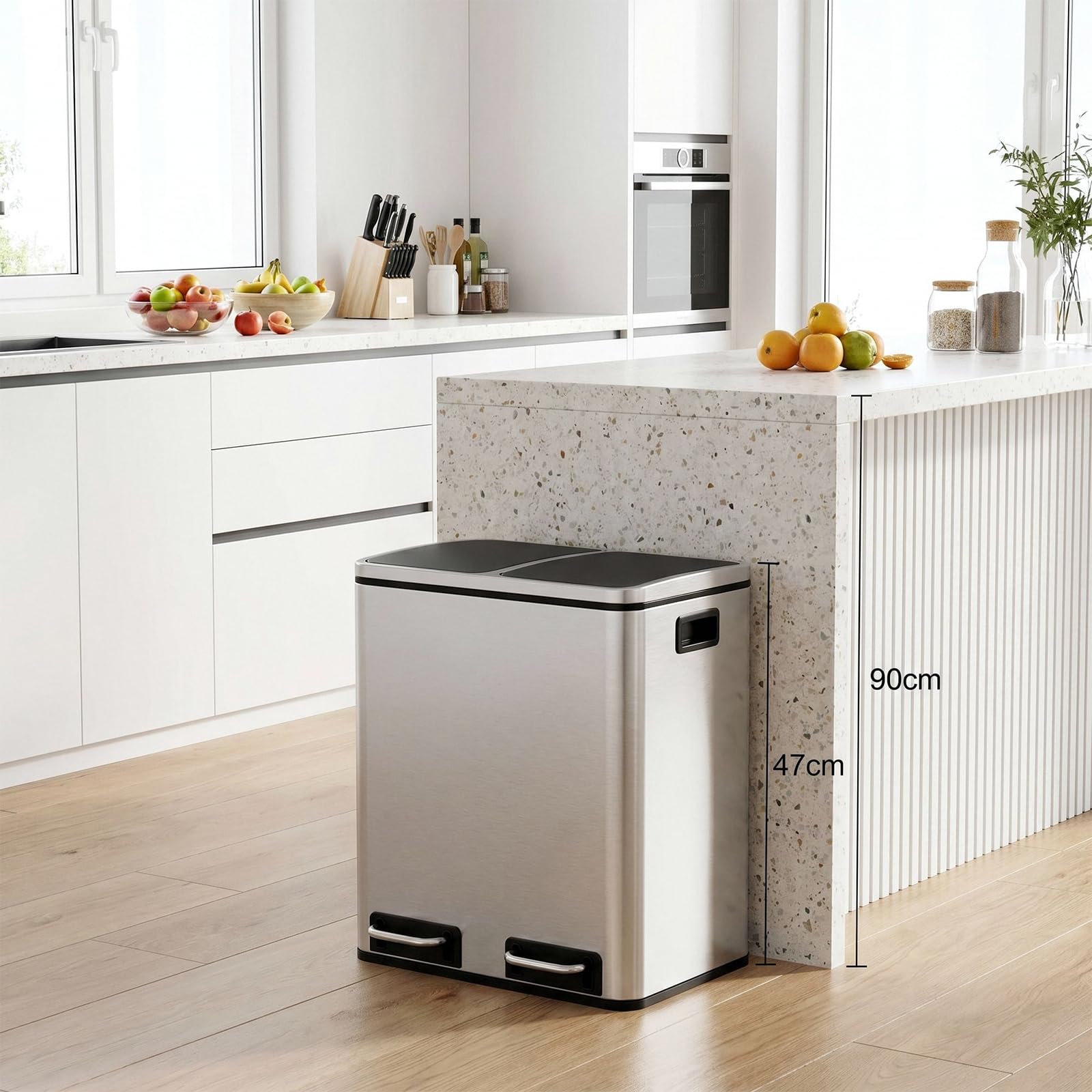 Clevich Mülleimer Küche 2 x 15 Liter, Mülltrennsystem 2 Fächer 30L für Recycling und Abfall, Treteimer aus Edelstahl mit Deckel und Inneneimern, Doppeleimer,Softclose-Deckel, Silber