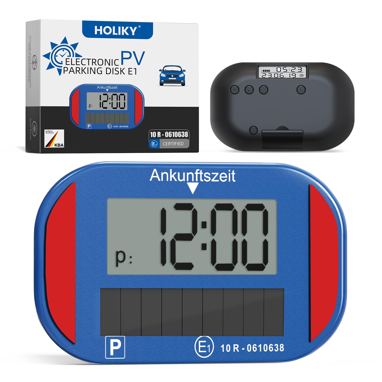 Holiky Solar Elektronische Parkscheibe mit Zulassung vom Kraftfahrt-Bundesamt, elektronische parkscheib mit 2 Displays & vielen Funktionen, Auto Zubehör passend für alle PKW