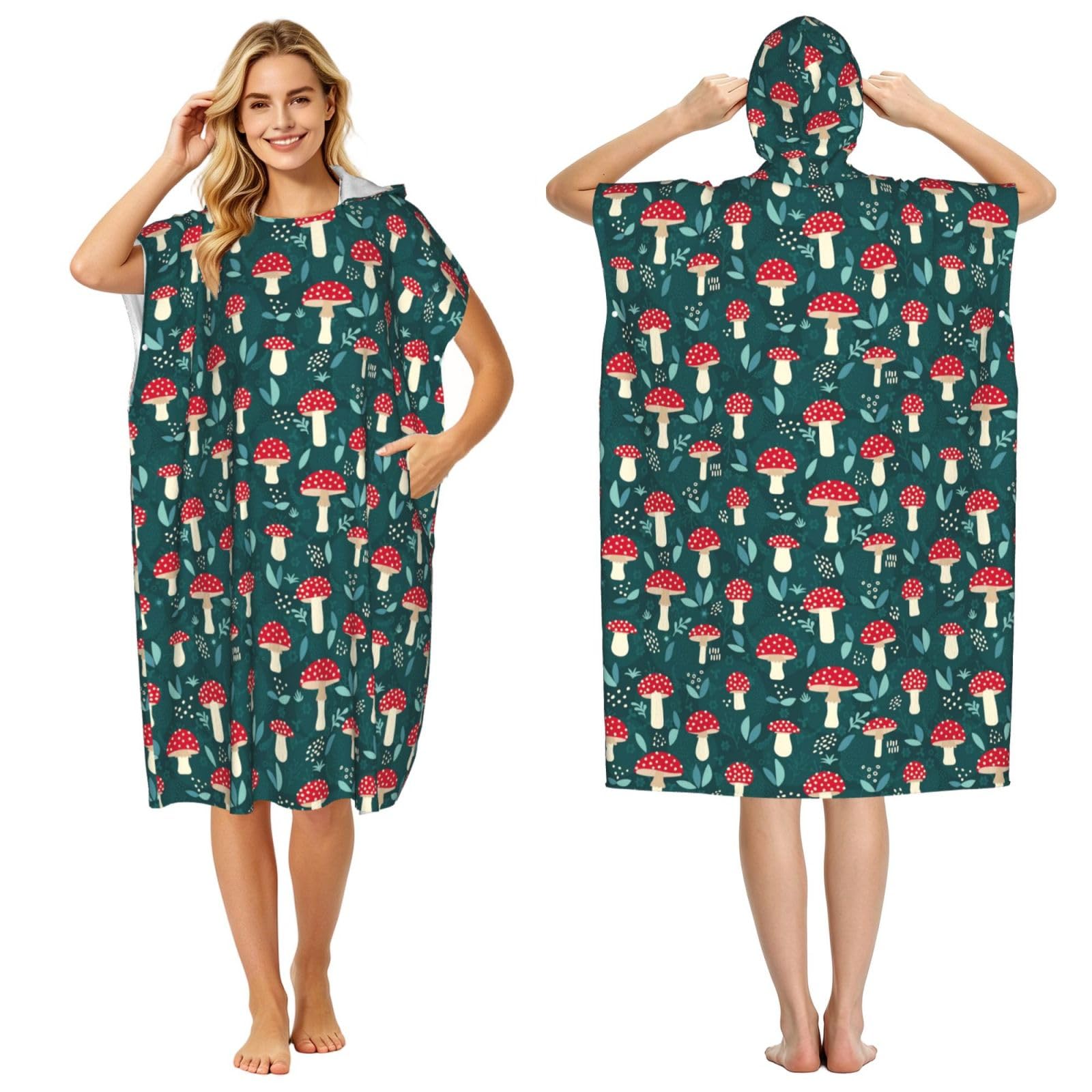 Poadnly Red Mushrooms, Adult Hooded Beach Towel 90 x 110 cm,Changing Bath Robe, Surf Poncho Towel For Women Men