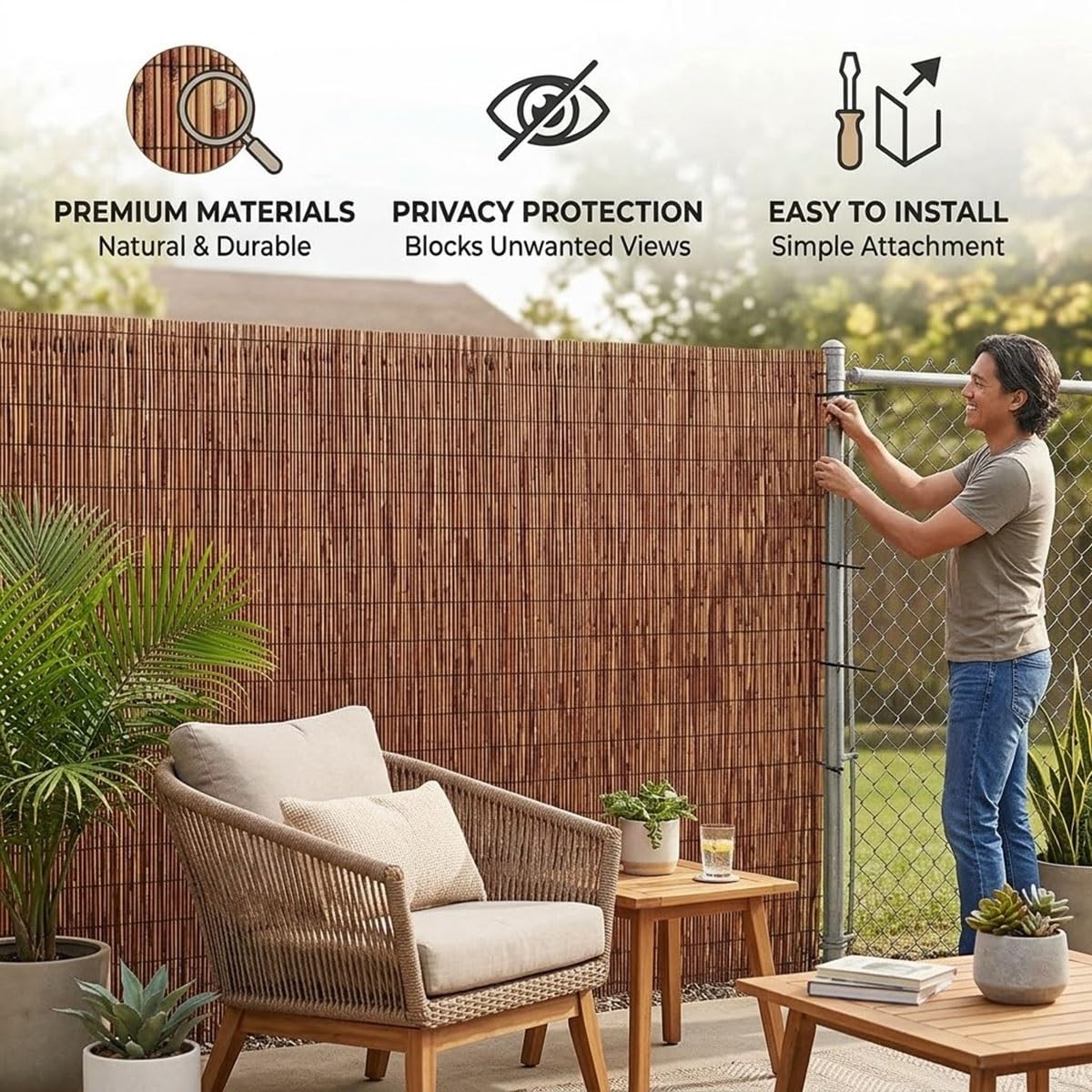 Générique Canisse Roseau Naturel, Brise Vue en Roseau Opaque pour Clôture Jardin et Palissade Terrasse, Pare-Soleil Coupe-Vent Exterieur, Rouleau Protection Intimité Balcon(91x457cm(3x15ft))