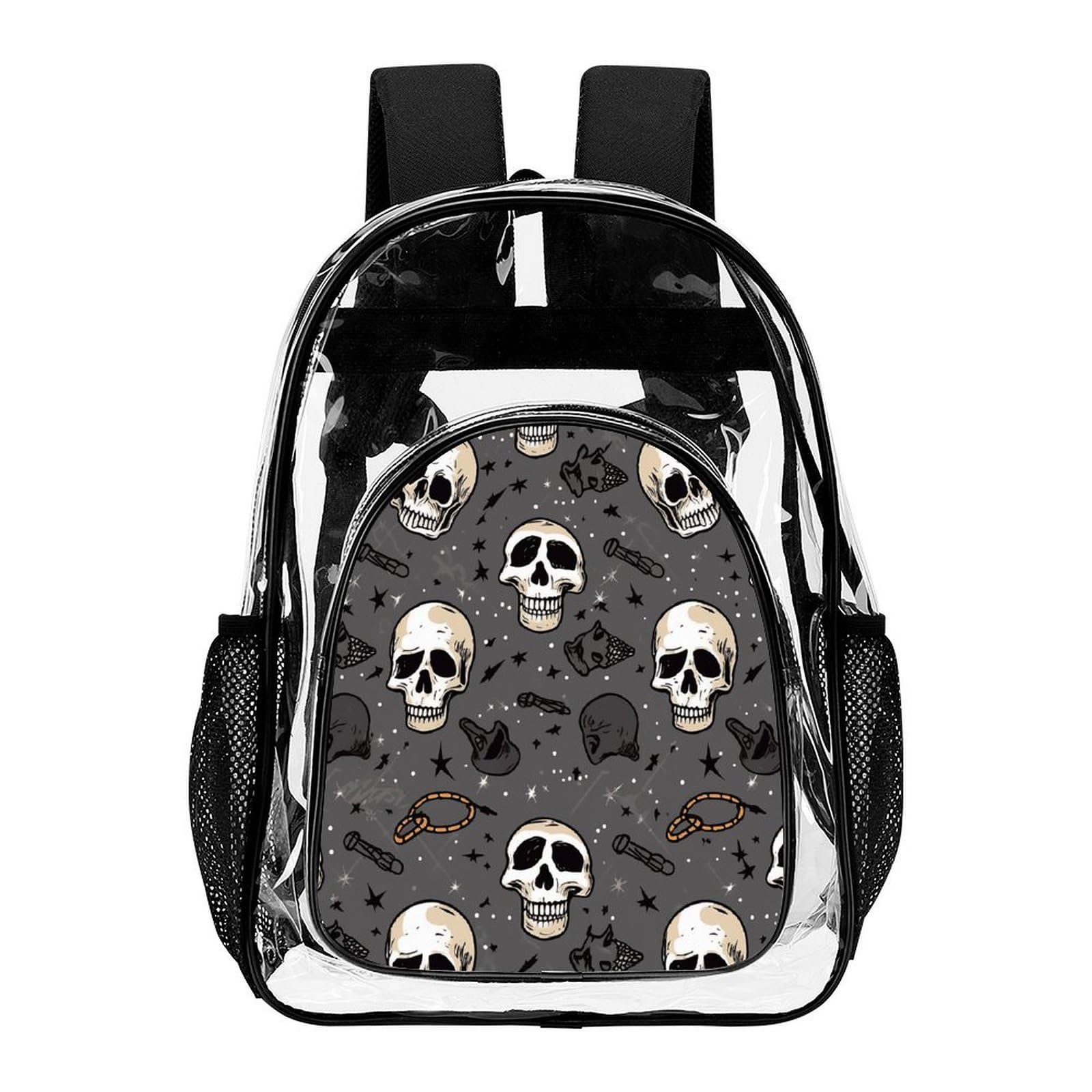 Transparenter Rucksack mit Totenkopf und Blitz, groß, transparent, PVC, Büchertasche für Sicherheit, Arbeit, Reisen, Stadion
