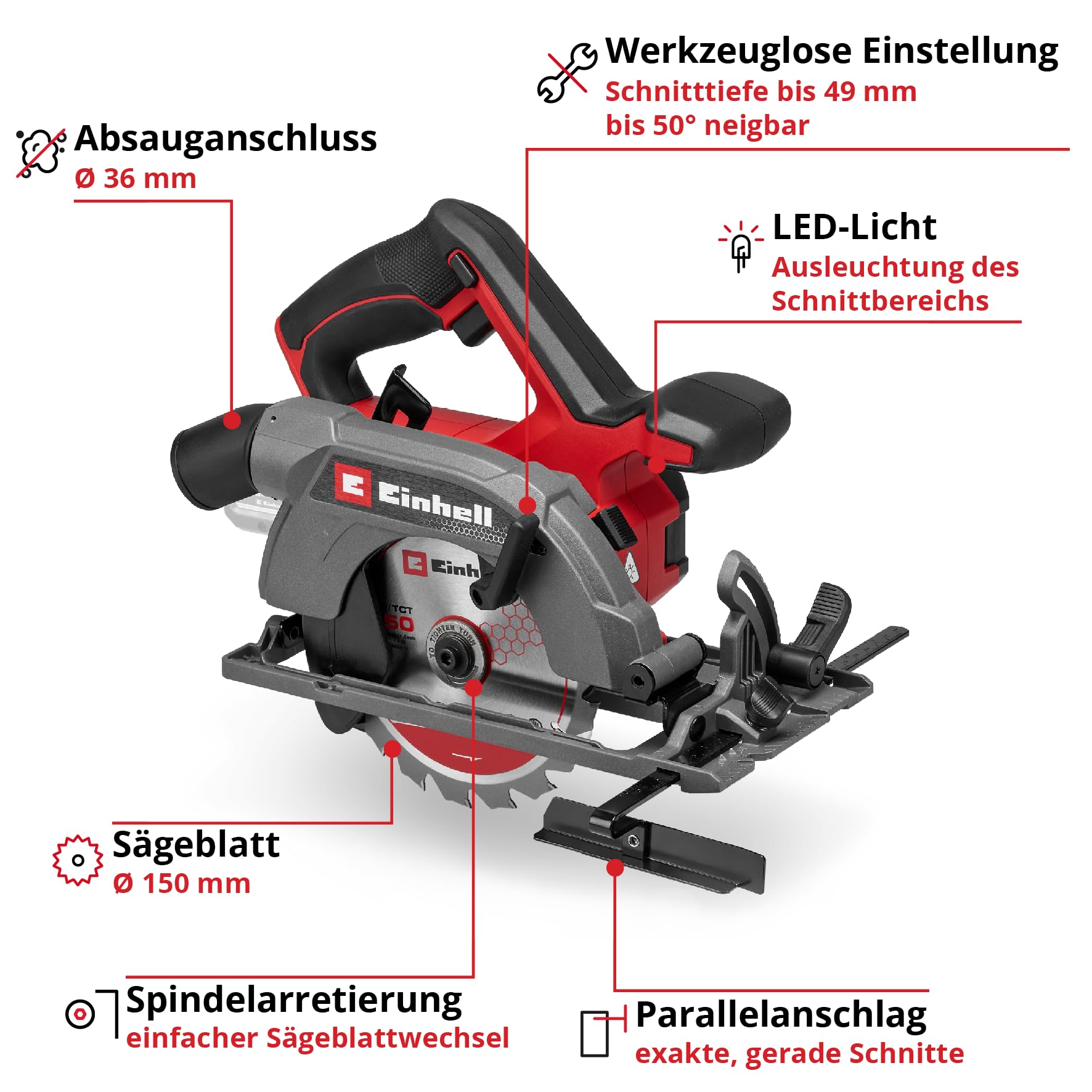 Einhell Akku-Handkreissäge TE-CS 18/150-2 Li - Solo Power X-Change (18 V, Ø 150 mm Sägeblatt, 49 mm Schnitttiefe, werkzeuglose Einstellung, LED, ohne Akku)