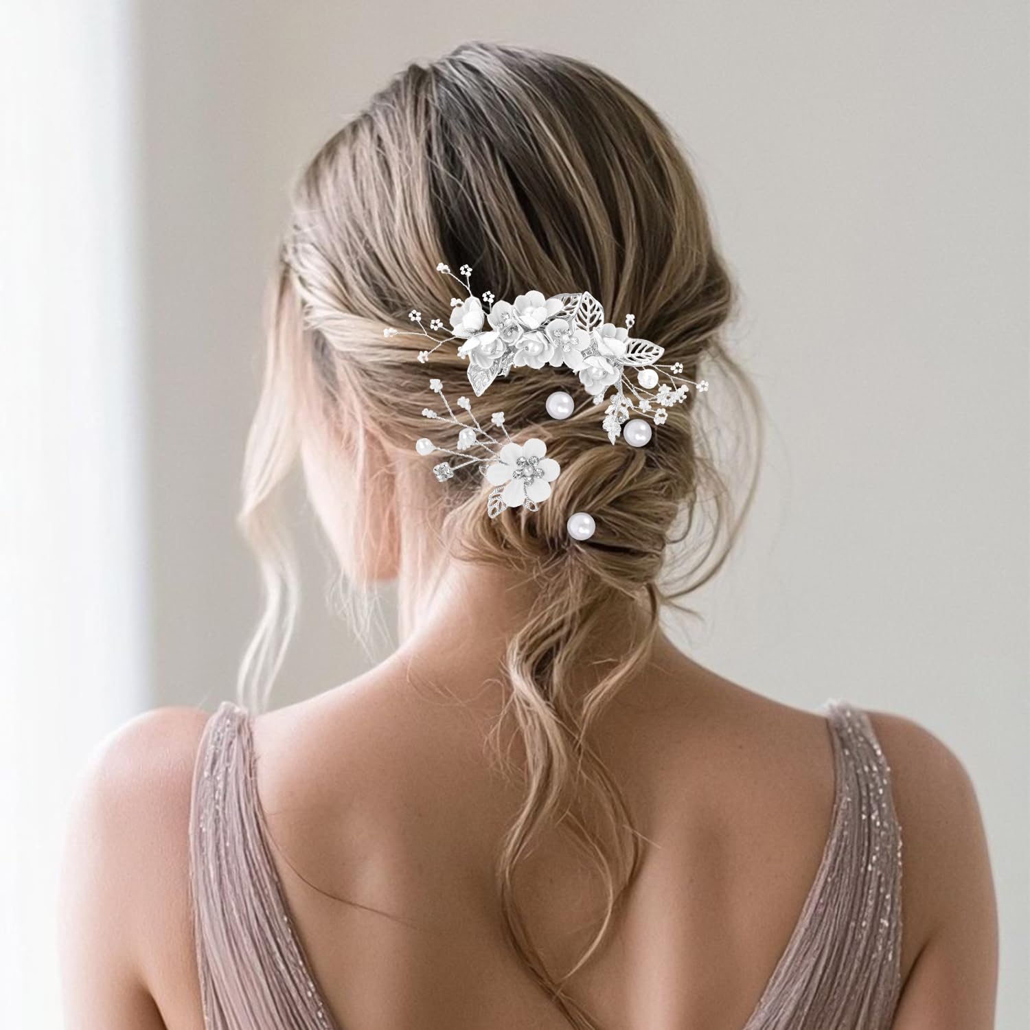 4Pcs Wedding Hair Accessories for Women, Classy Bridal Hair Pins Flower Bridesmaid Hair Accessories 10Pcs Spiral Pearl Hair Pins for Brides Bridesmaids Women Girls (Silver) - Image 3