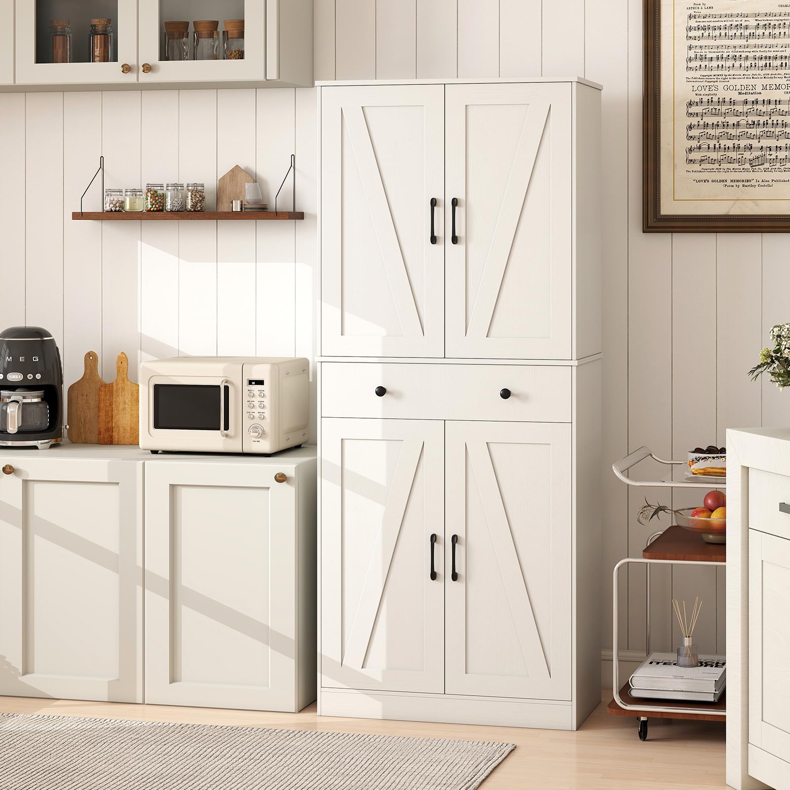 KOMFOTTEU Aparador de Cocina Alto, Armario Buffet con 4 Puertas, Cajón y 3 Estantes Ajustables en 5 Posiciones, Alacena de Almacenamiento con Dispositivo Antivuelco, 77 x 39 x 183 cm, Blanco
