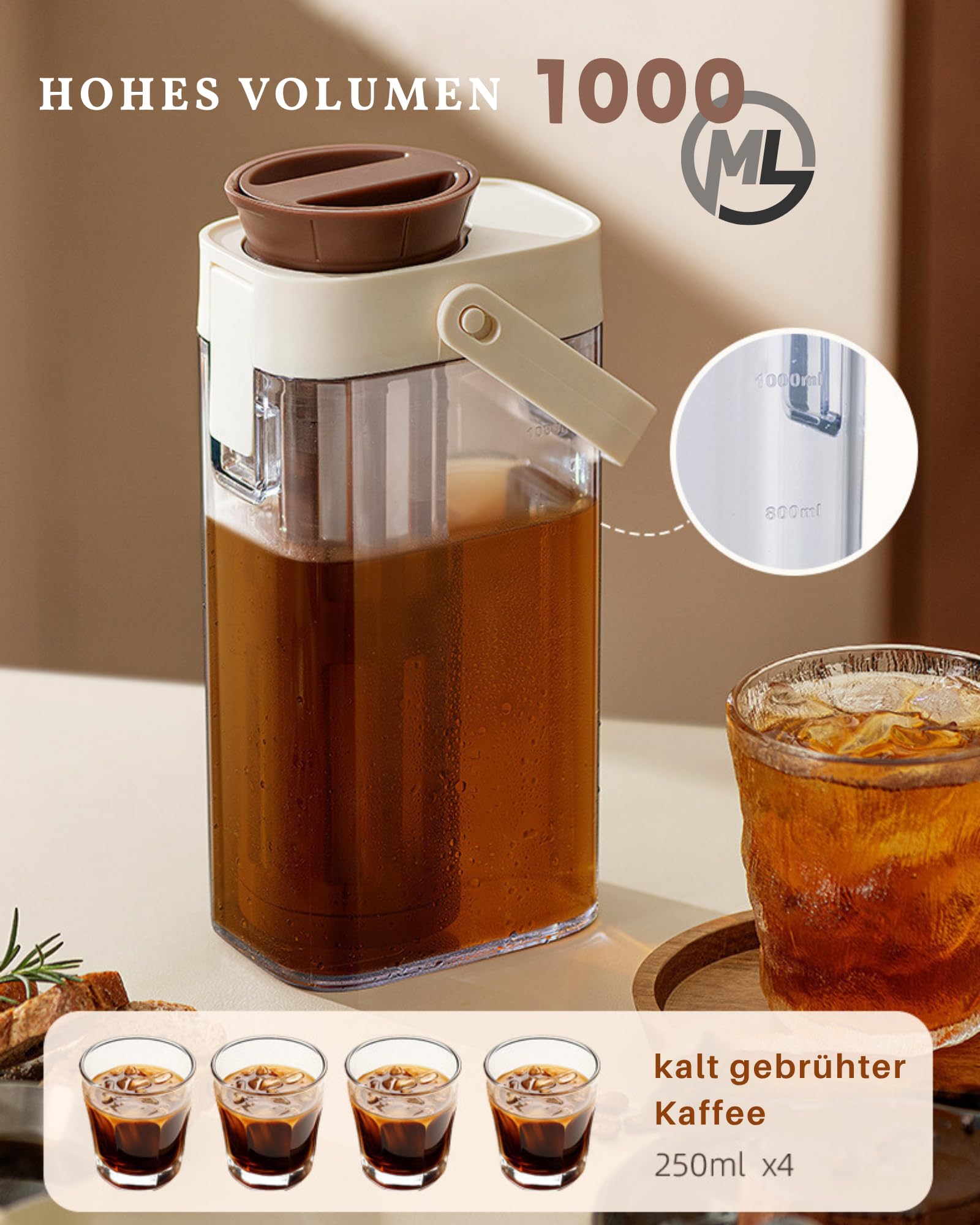 JanYoo Cold Brew Kaffeebereiter 1000ml, Cold Brew Coffee Maker mit Feinstfilter, Kaltgebrüh-Kaffeemaschine Tragbar für Eiskaffee, Eistee, Saft