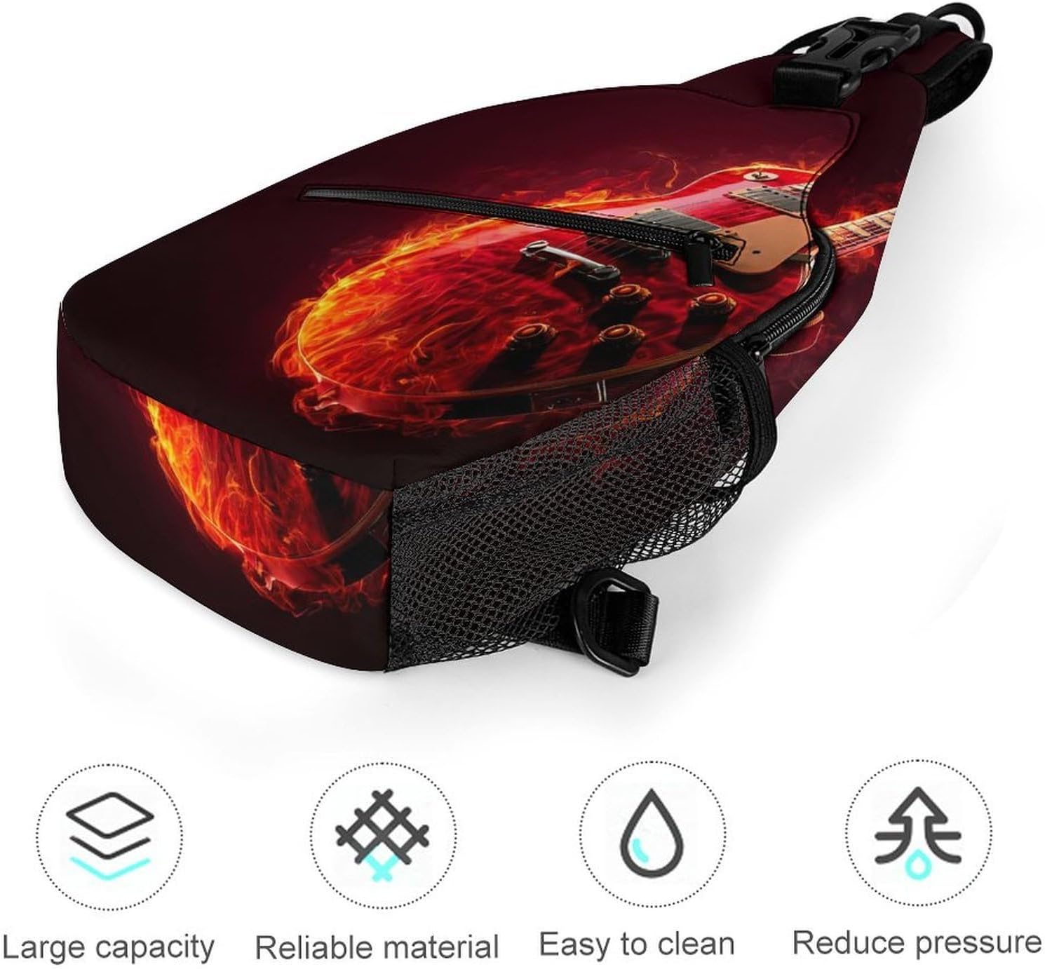 Flame Guitar Men Crossbody Sling Backpack Chest Bag | Travel Fanny Pack,Hiking Daypack,Print Shoulder Bags