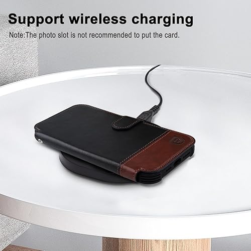 Miniatura 4 de VANAVAGY Funda tipo cartera para iPhone 13 5G para mujeres y hombres, funda de piel con bloqueo RFID y soporte para muñeca, carga inalámbrica, con