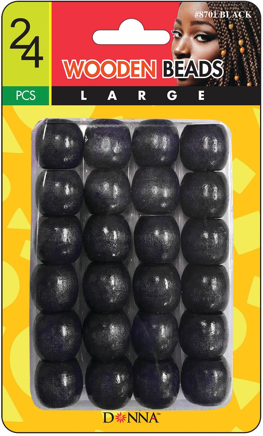 Perles en bois pour tressage de cheveux sans casse ni nœuds - Lot de 24 perles noires DONNA