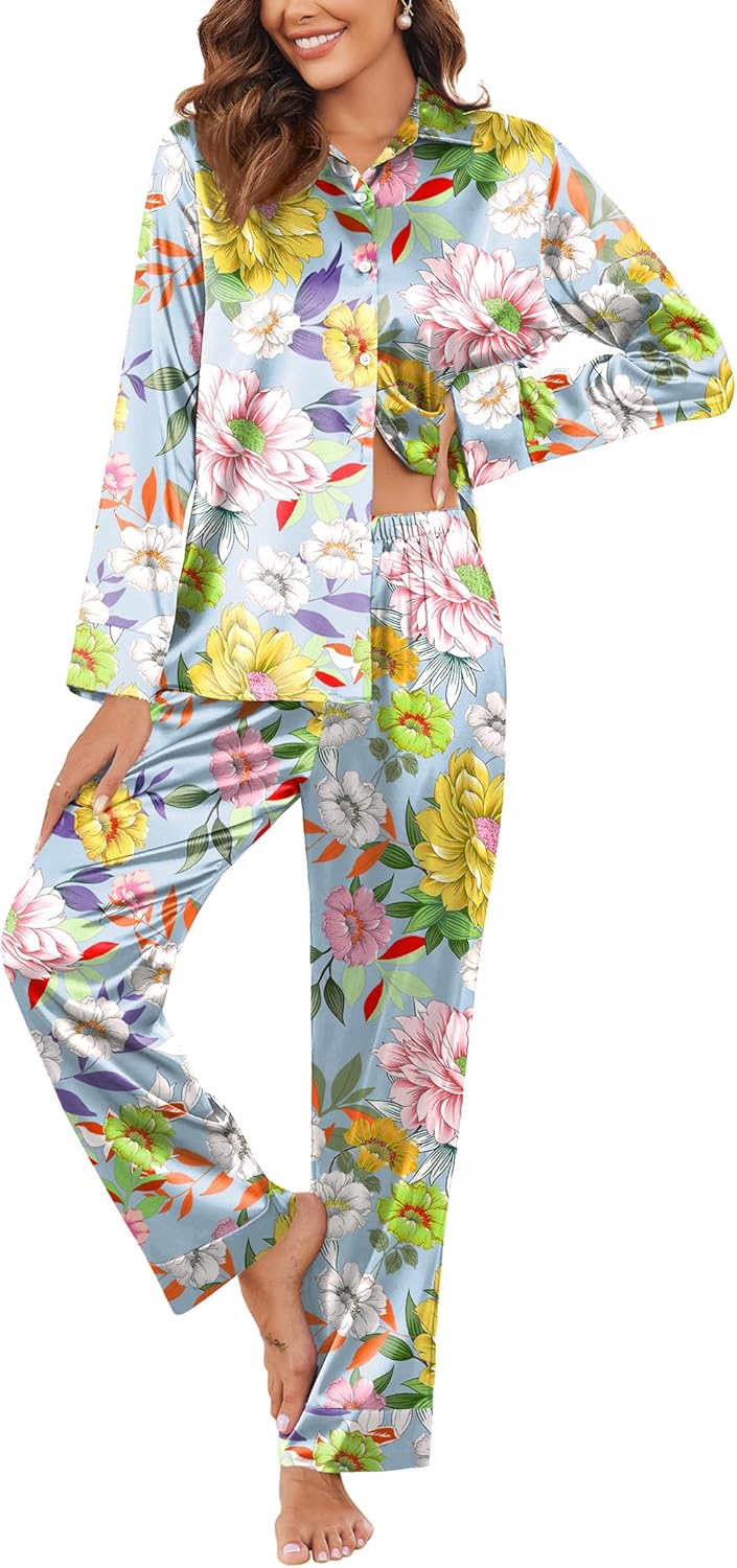Ekouaer Women Satin Silk Pajamas Classic Long Sleeve Button Down Pjs Set Soft Loungewear