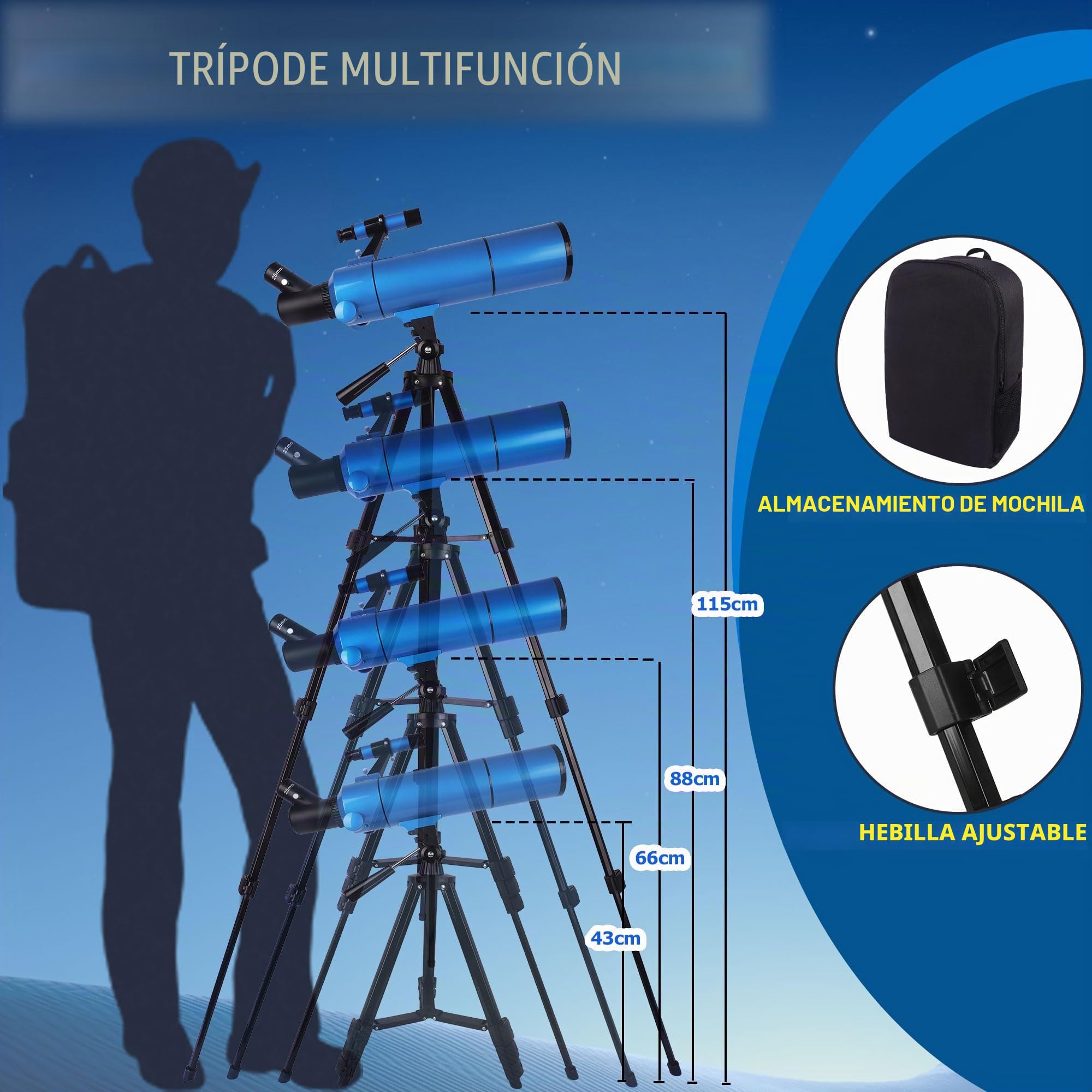 Telescopio para Adultos y niños – 80500 Refractor Telescopio para Principiantes – Portátil con Mochila, Soporte para teléfono – Versión Azul eléctrico