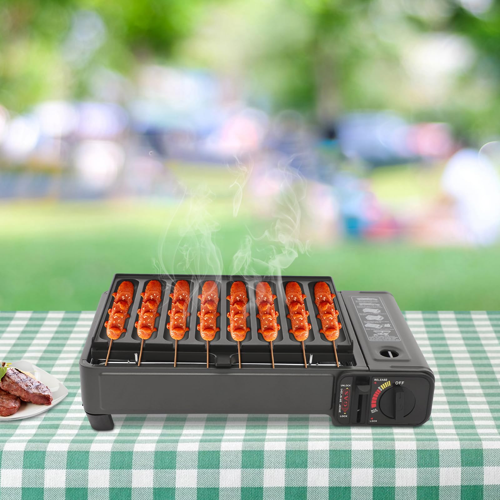 Barbecue a gas da campeggio, 2,2 KW, portatile da campeggio con piastra per salumi, set completo con vaschetta raccogli grasso e valigia, fornello a gas, 1 fiamma, ideale per esterni, picnic e