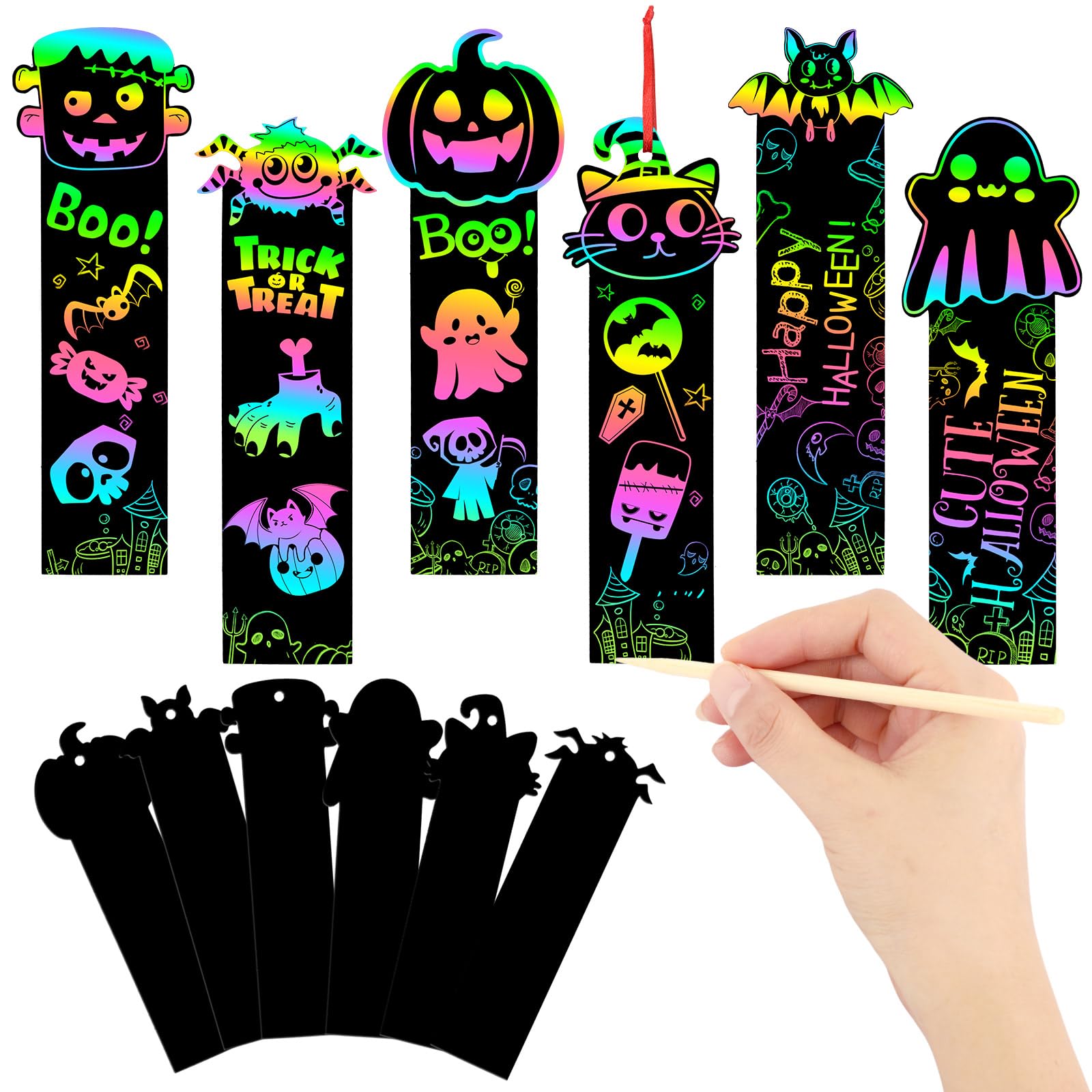 JUNEBRUSHS 30Pcs Halloween Scratch Bookmarks, Rainbow Magic Scratch Paper Art Pumpkin Bat Spider DIY Crafts Kit for Halloween Gifts