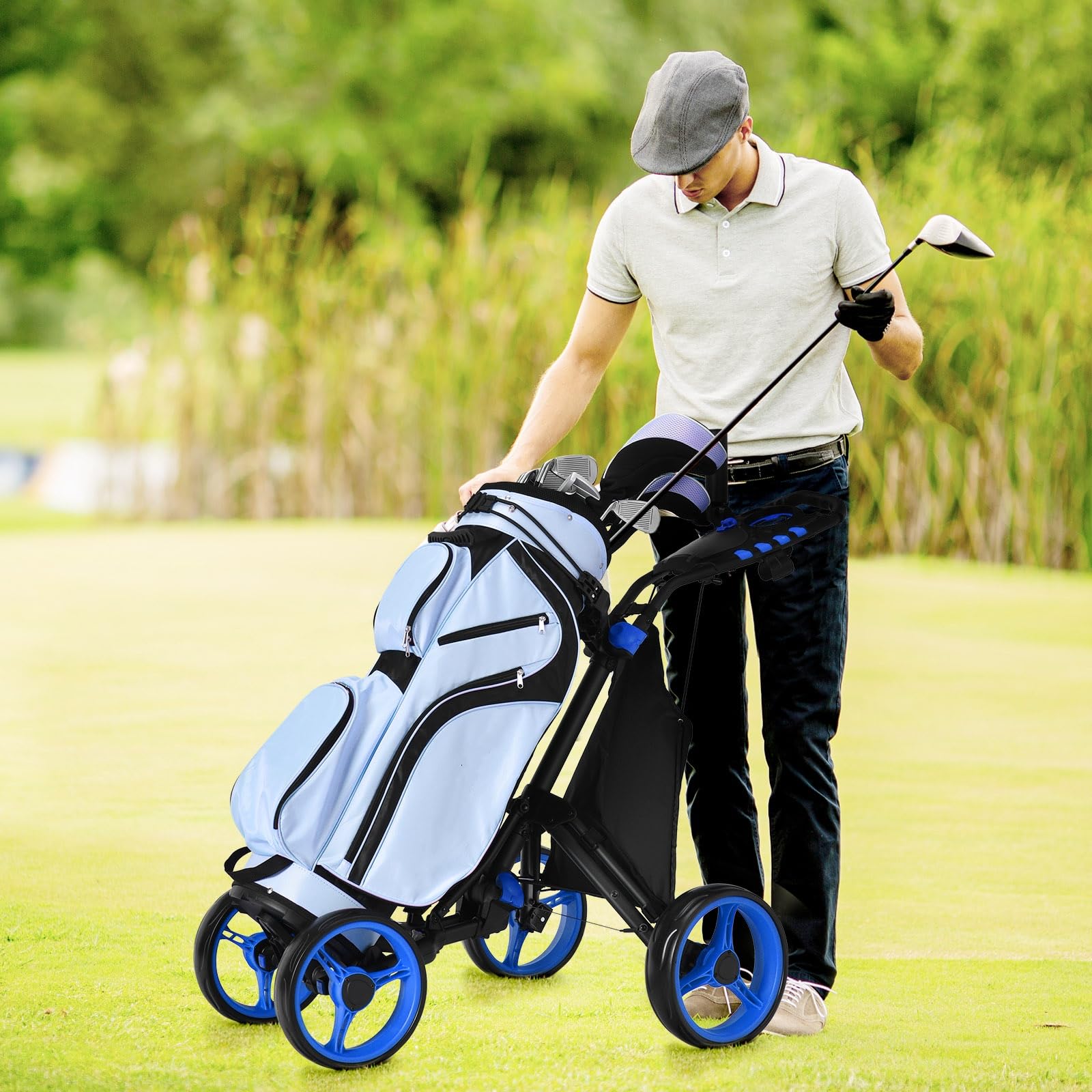 LIFEZEAL Golftrolley mit 4 Rädern, Golf Push Cart mit Fußbremse, Golfcaddy mit Aufbewahrungstasche & verstellbarem Griff, 110 x 65 x 100 cm