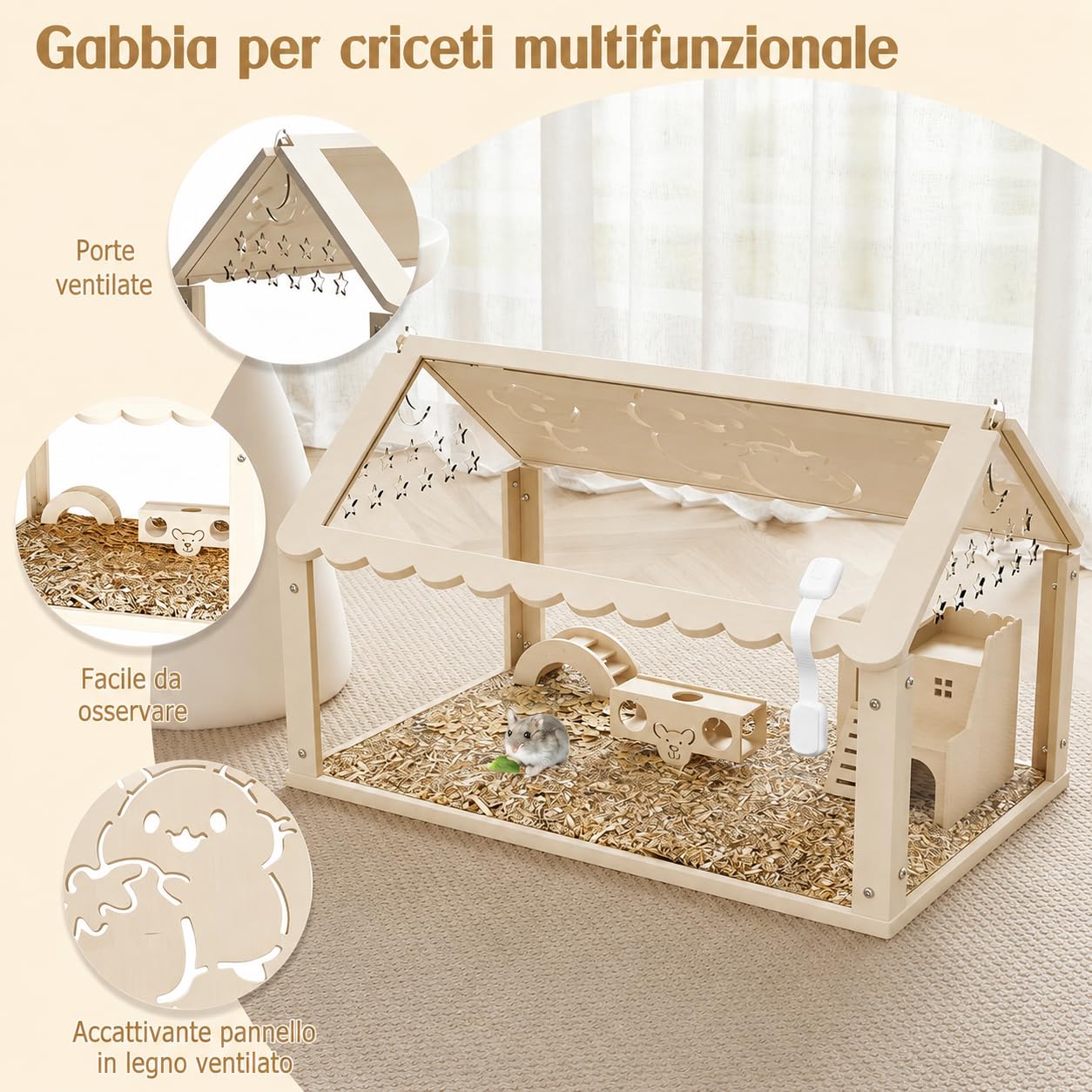 Gabbia per Criceti in Legno e Acrilico 60 × 30 × 40 cm, Habitat Trasparente per Criceti Nani e Piccoli Roditori con Coperchio Apribile, Gabbia Ventilata per Topi e Piccoli Animali Domestici
