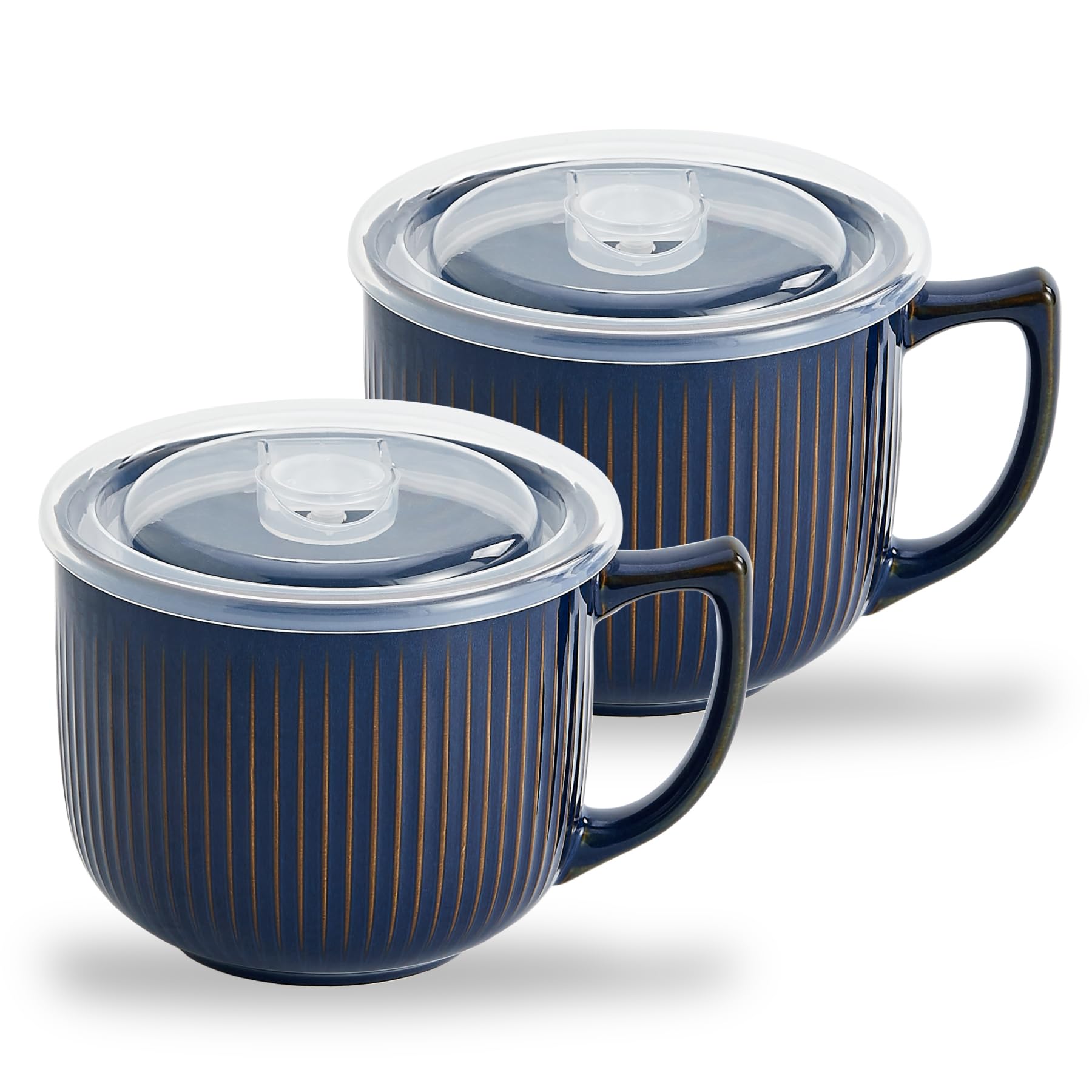 Ceramic Soup Bowls with Handle and Vented Lid, 32oz Large Deep Soup Mug with lid, Travel Ramen Bowls for instant noodle and Cereal Set of 2 Microwave Safe(Vintage Blue)