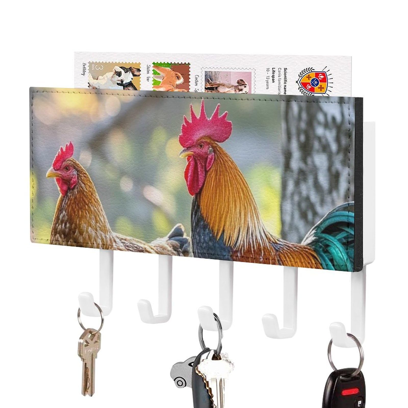 FekiLoot Beautiful Rooster Hen Key Holder Wall Mount Key Hanger with 5 Hooks Decorative Key Rack Hanging Key Hooks with Mail Organizer Key Holder for Wall Living Room Kitchen Bathroom Hallway White