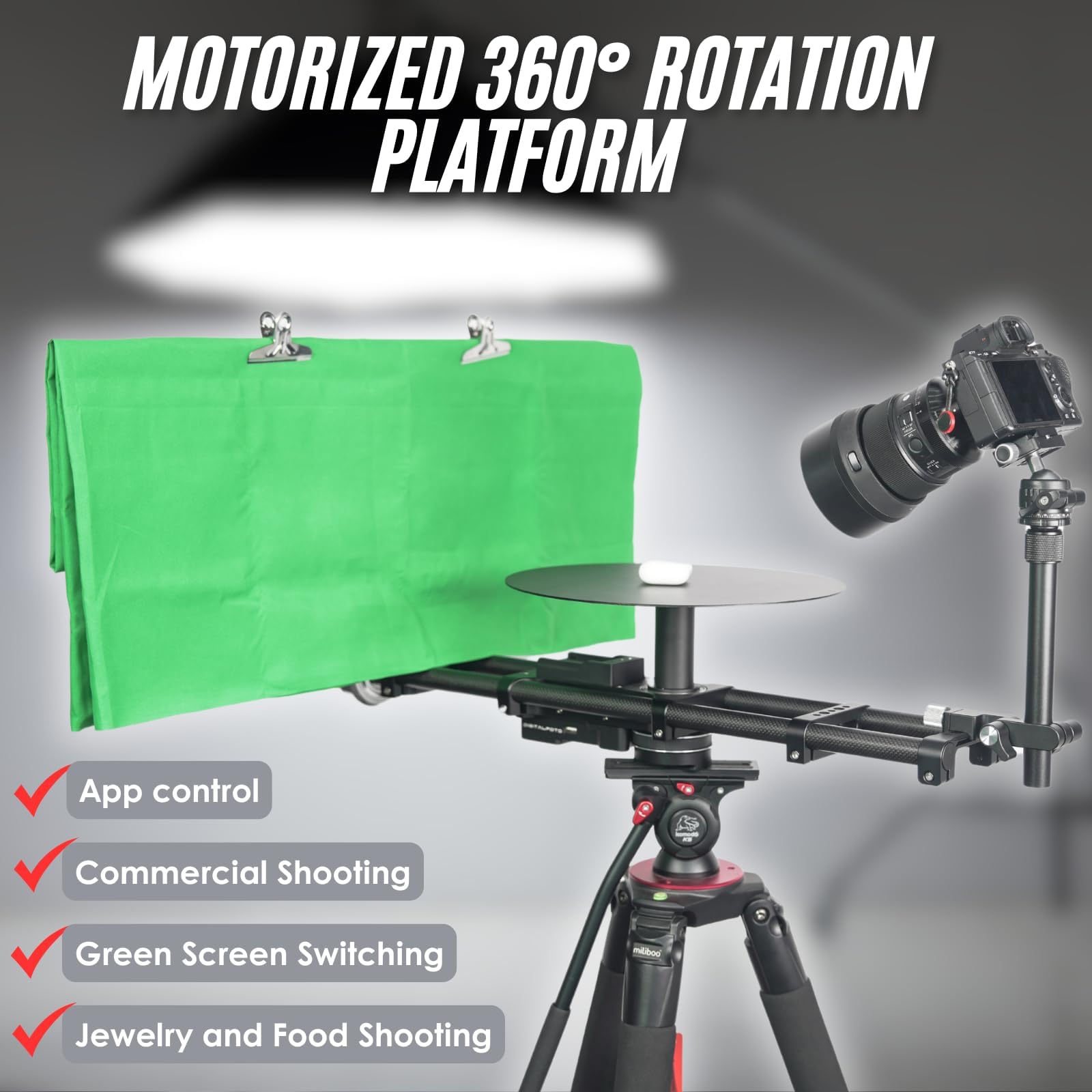 Piattaforma Rotante Motorizzata 360° con Sfondo Verde – Controllo tramite App, Motore Silenzioso, Capacità di Carico 10kg, Alimentazione USB-C e Batteria per Fotografia e Videografia