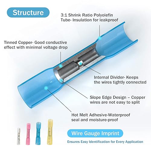 Miniatura 8 de Kuject 270 conectores a tope termorretráctiles, kit de conectores de cable impermeables aislados, conectores eléctricos de cobre estañado para