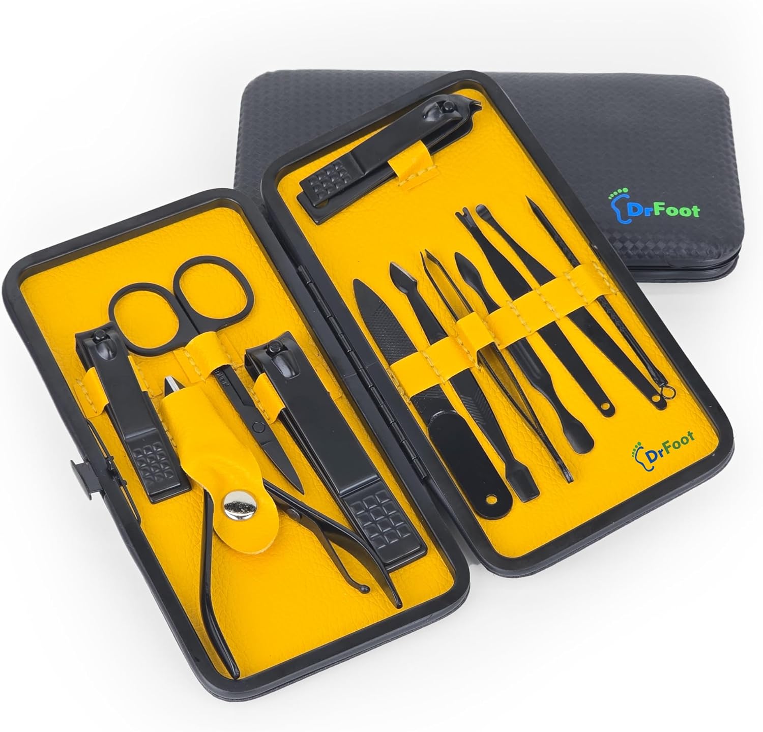 Dr Foot Manicure & Pedicure Kit for Women & Men | Nail Cutter set | Manicure Kit | Grooming Kit for men | Pedicure Set | Manicure Kit for Women | Nail clippers | Black Leather Travel Case | 12 in 1