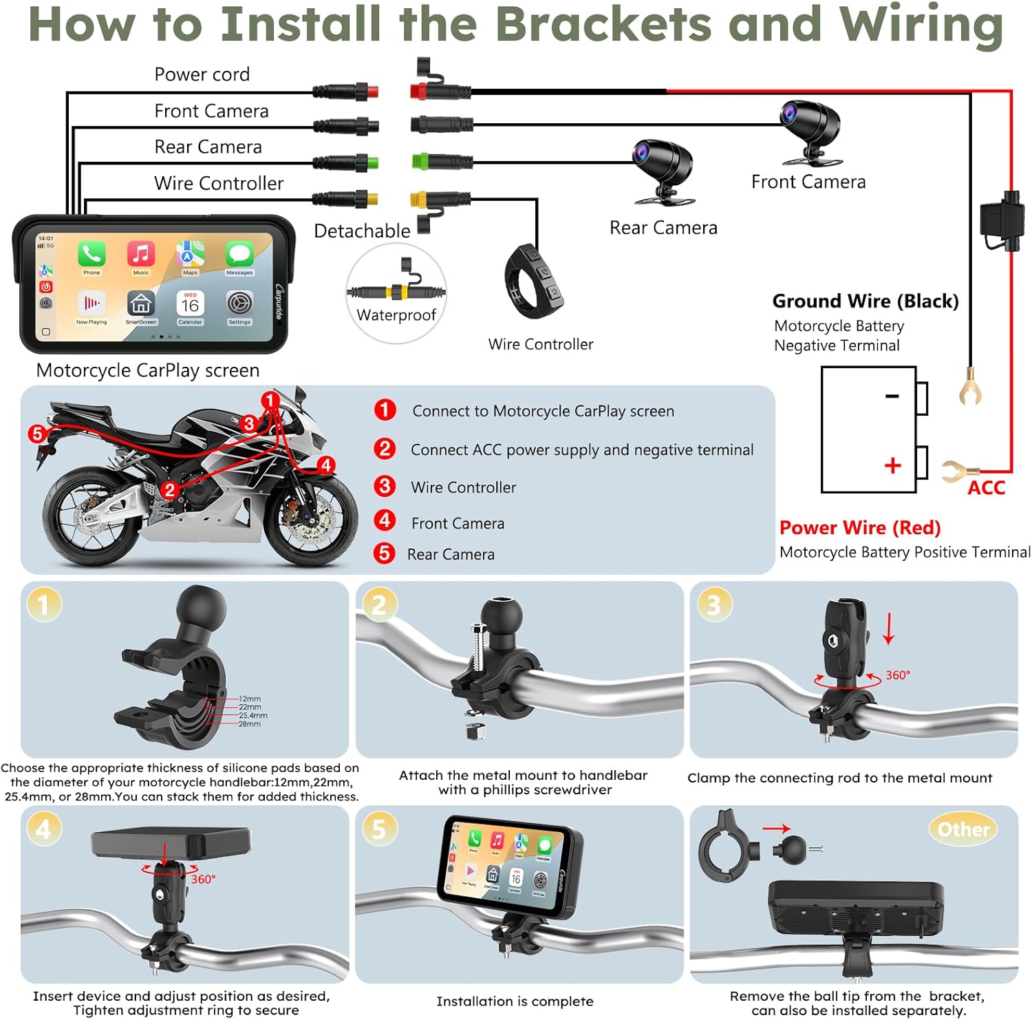 Carpuride W603DT for Motorcycle CarPlay & Android Auto & TPMS - HD1080p Dash Cam, 6.3-inch Waterproof Rotatable Touchscreen for Navigation, Bluetooth, Loop Recording, Wired Controller