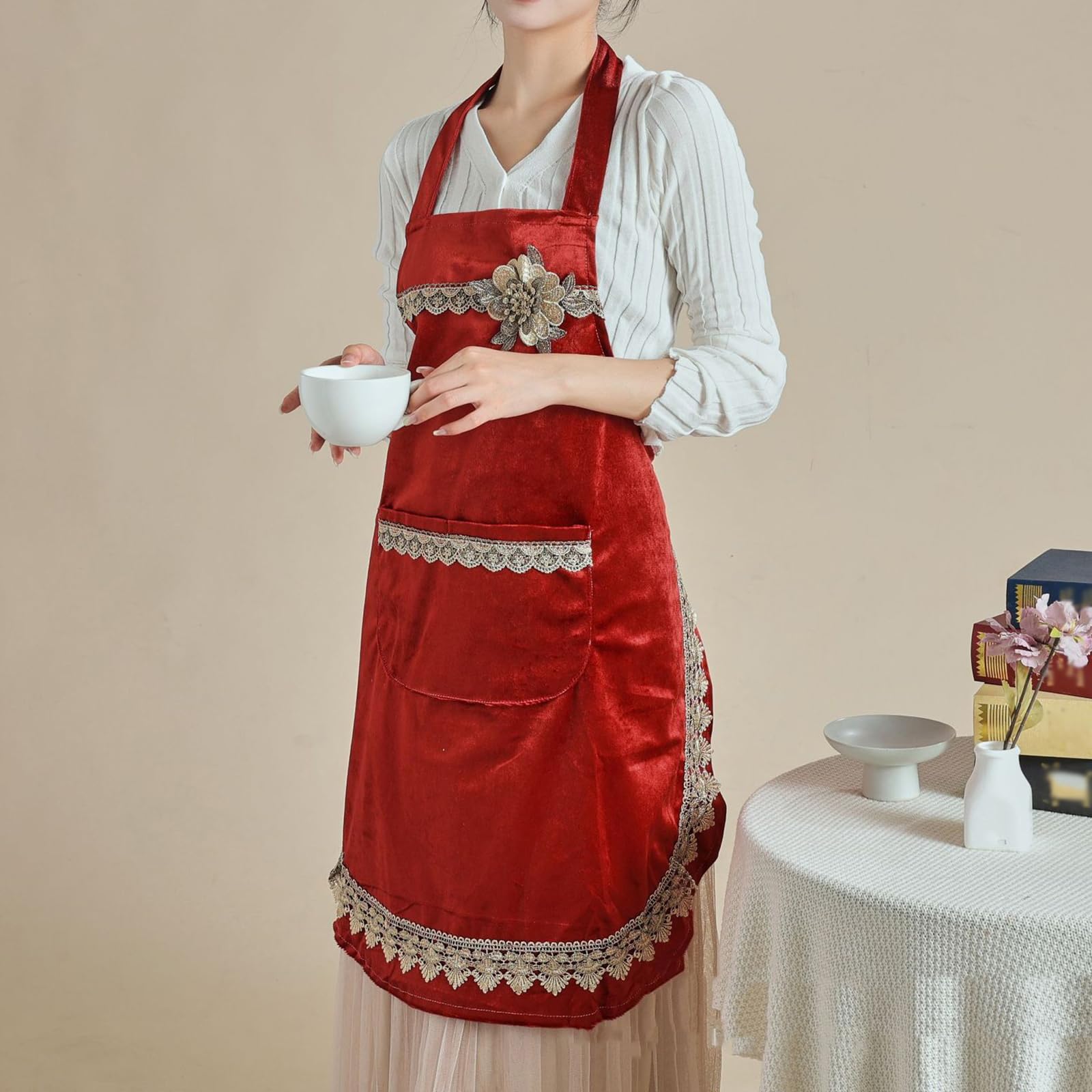 2pcs Tabliers De Cuisine Tablier Japonais avec Poches Tablier pour Femme Tablier De Chef Red,One Size