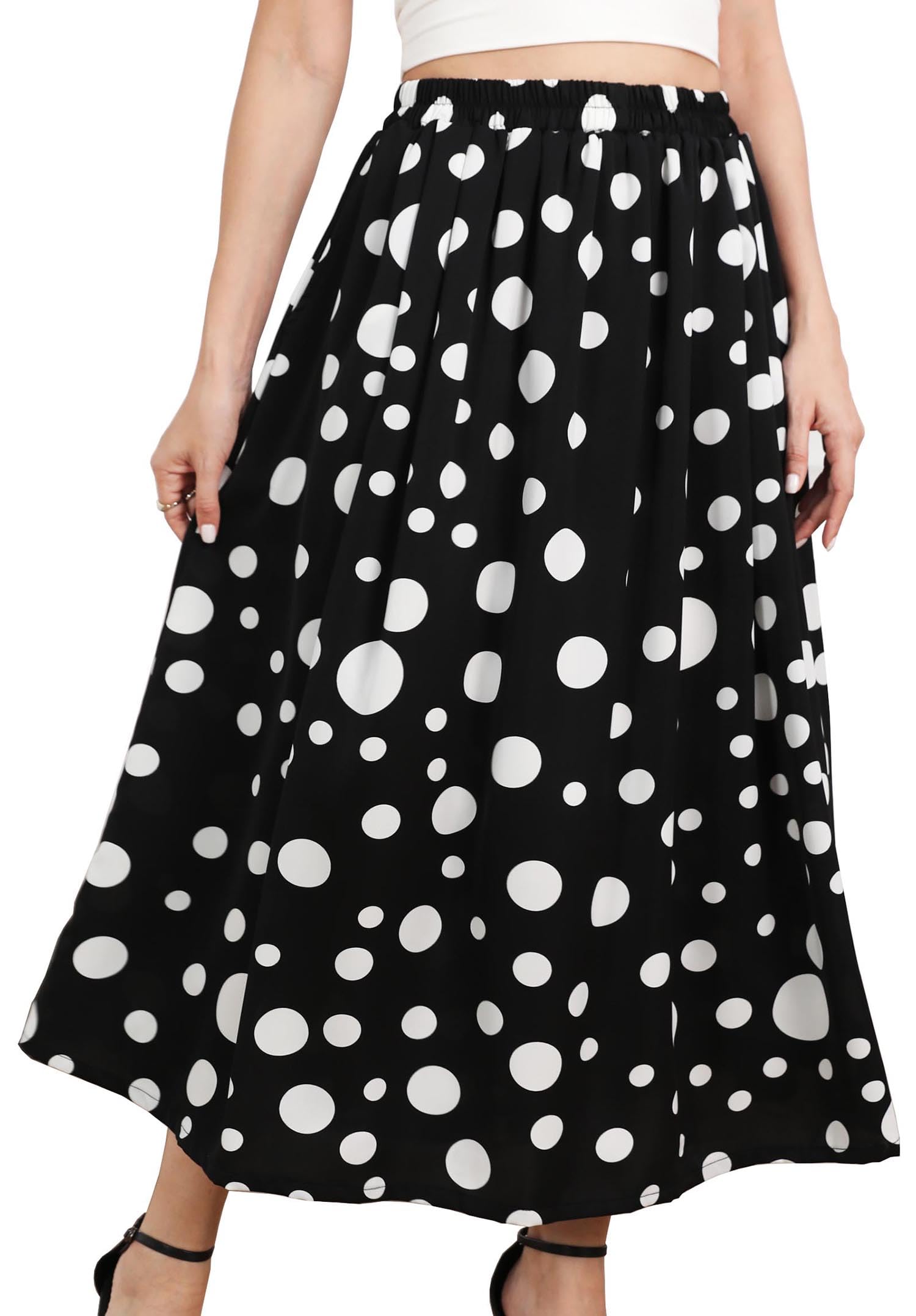 Polka Dot Midi Skirt for Women Fashion Vintage A-Line Skirt with Pockets High Waist Elastic Long Skirts for