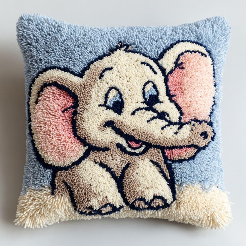 Henypt Latch Hook Pillow Kit 43x43cm,Smiling Elephant Embroidery Cushion Set for Home Interior,Relaxing Hobby for Adults & Craft Beginners