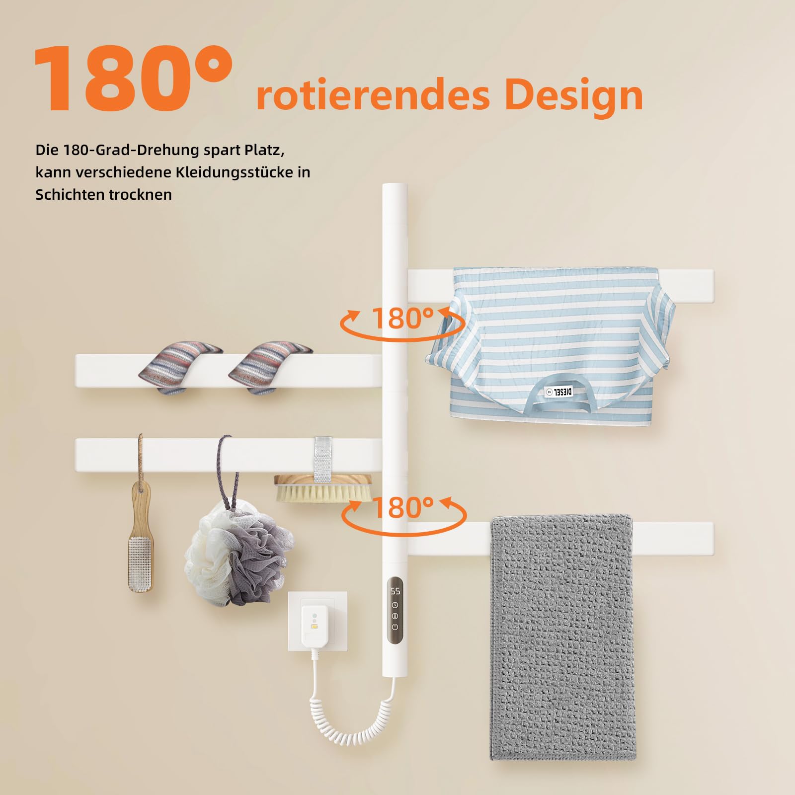 ZOYI 180°Drehung Bad handtuchtrockner elektrisch, handtuchwärmer elektrisch, badheizkörp erelektrisch, handtuchhalter elektrisch, 220v (Weiss)