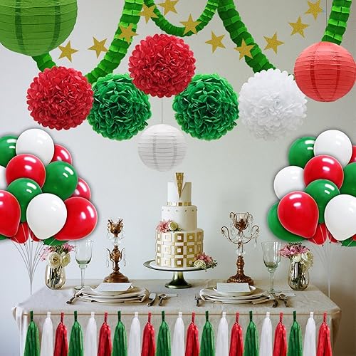 Miniatura 4 de Juego de 43 decoraciones de fiesta verdes, faroles de papel, globos, guirnalda de borlas, flores de pompones de pañuelo, guirnalda de trébol,