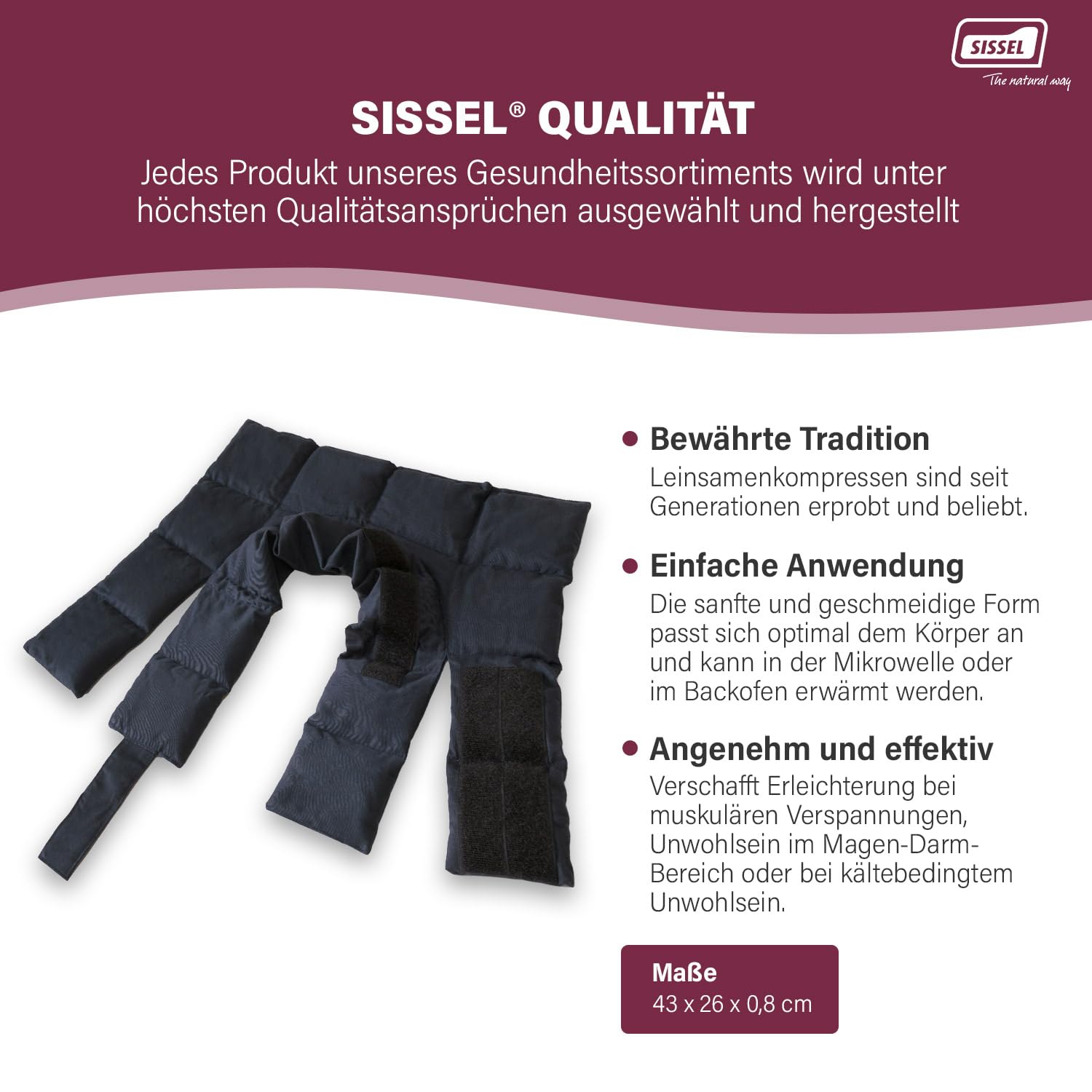 SISSEL® Linum Cervico | Ergonomische Wärmeauflage | Natürliche Leinsamen & Baumwolle | Nachhaltig & Wiederverwendbar | Nacken- & Schulterentspannung | Mikrowellen-/Ofengeeignet | 43x26x0,8 cm
