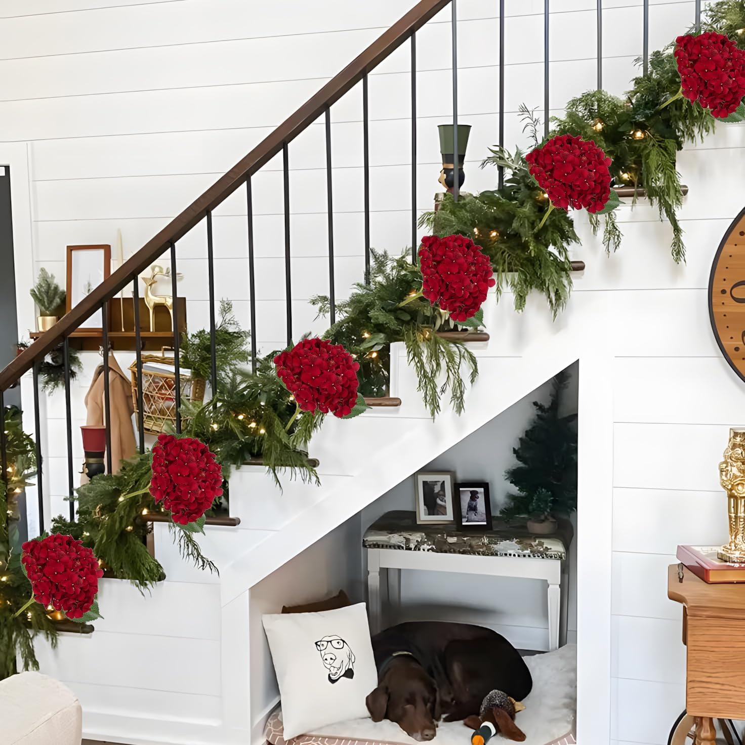 Hollyone 3Pcs Christmas Red Hydrangea Artificial Flowers 6inch Burgundy Hydrangeas Glitter Faux Hydrangea Flowers with Stems Fake Flower Arrangements Bouquets Floral Wedding Xmas Home Decor Small