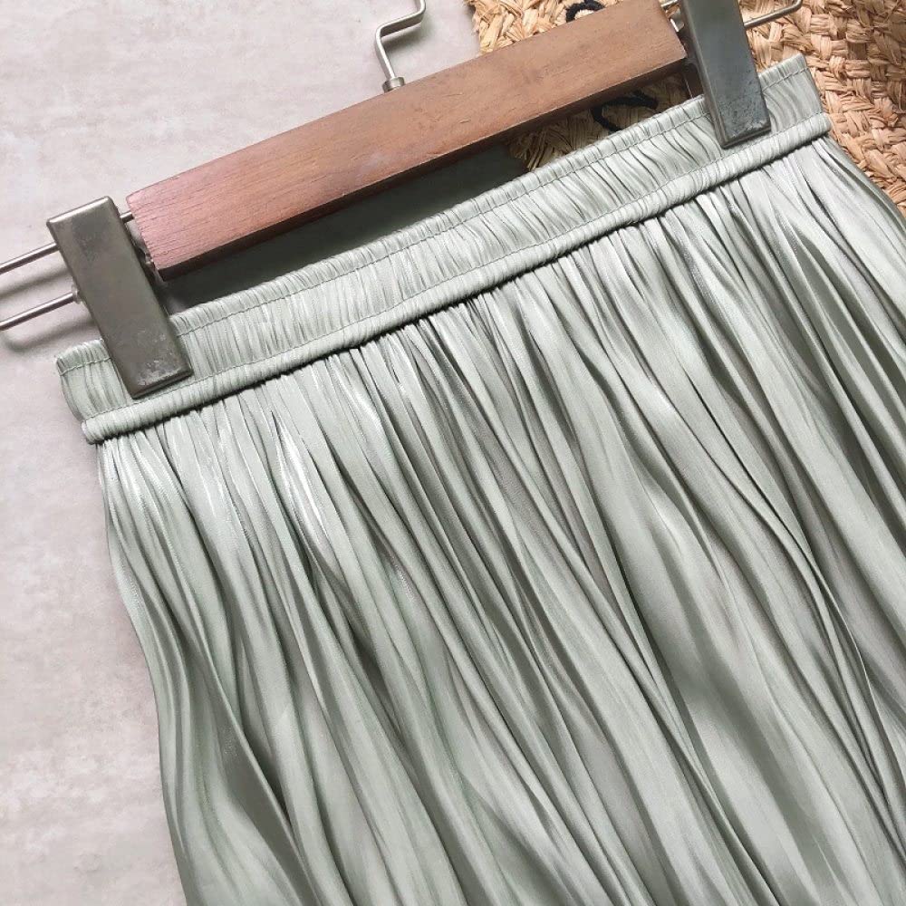 Gonne Da Donna,Gonna Midi In Raso Da Donna Gonna A Pieghe Increspata Lucida Verde Salvia Elegante Linea Ad A Scintillante Grande Altalena Tinta Unita Increspato Gonne Lunghe Per Ragazze Donna Primav