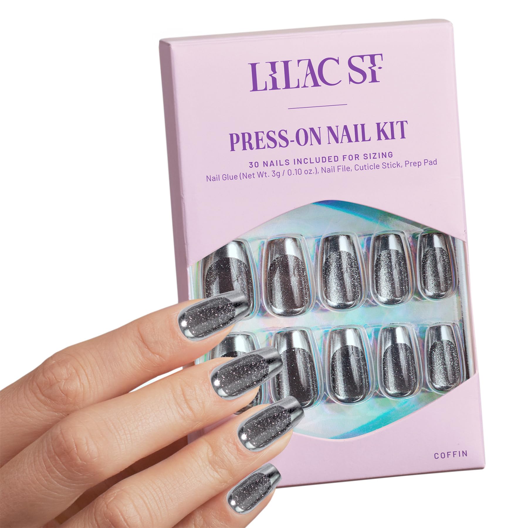 Lilac St - Press on Nails, Silver Lining (30 Nails, 15 Sizes) - Medium, Coffin, Glossy, Opaque - Brush-On Nail Glue, Nail File, Cuticle Stick, Prep
