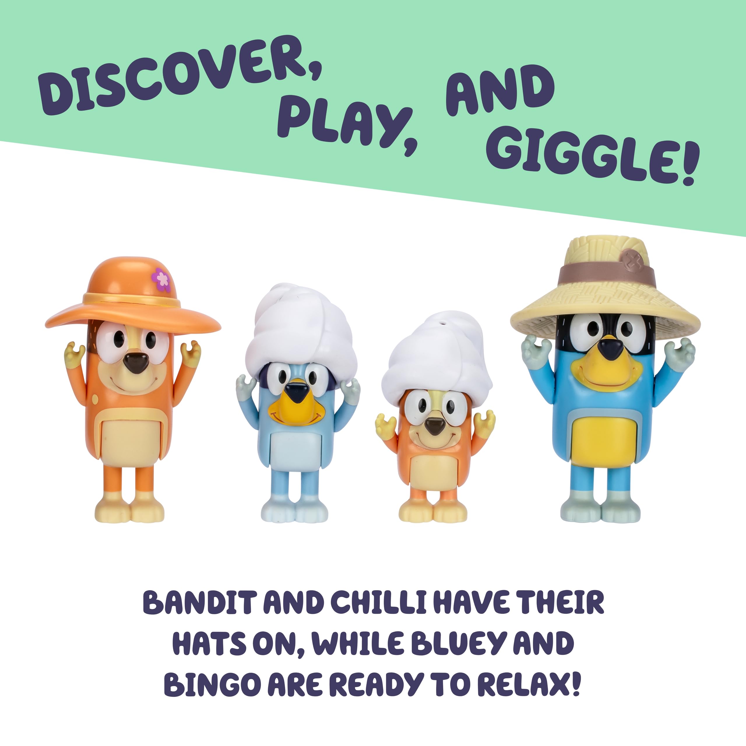 BlueY Zestaw 4 figurek na urlop z rodziną; ruchome figurki (6,3 cm), bingo, bandyta i chilli; z akcesoriami; odtwarzanie najlepszych momentów z serii animowanej