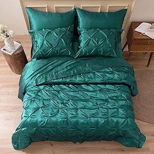 MR&HM Satin Comforter Twin 5 Pieces - Luxurious Pinch Pleat Bedding Set with Comforter, Flat Sheet, Fitted Sheet, Pillowcase & Sham, Super Silky Soft Bed Set for All Season (Twin, Peacock Green)